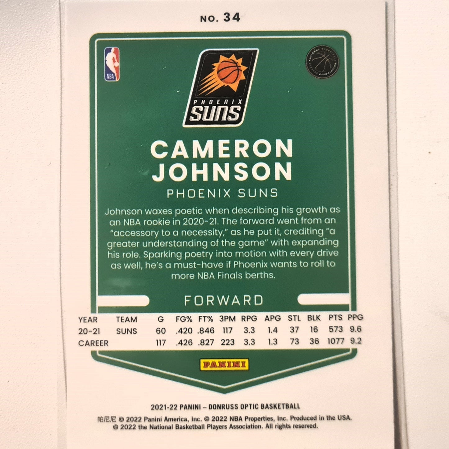 Cameron Johnson 2021-22 Panini Donruss Optic #34 NBA Basketball Phoenix Suns excellent/mint Sleeved