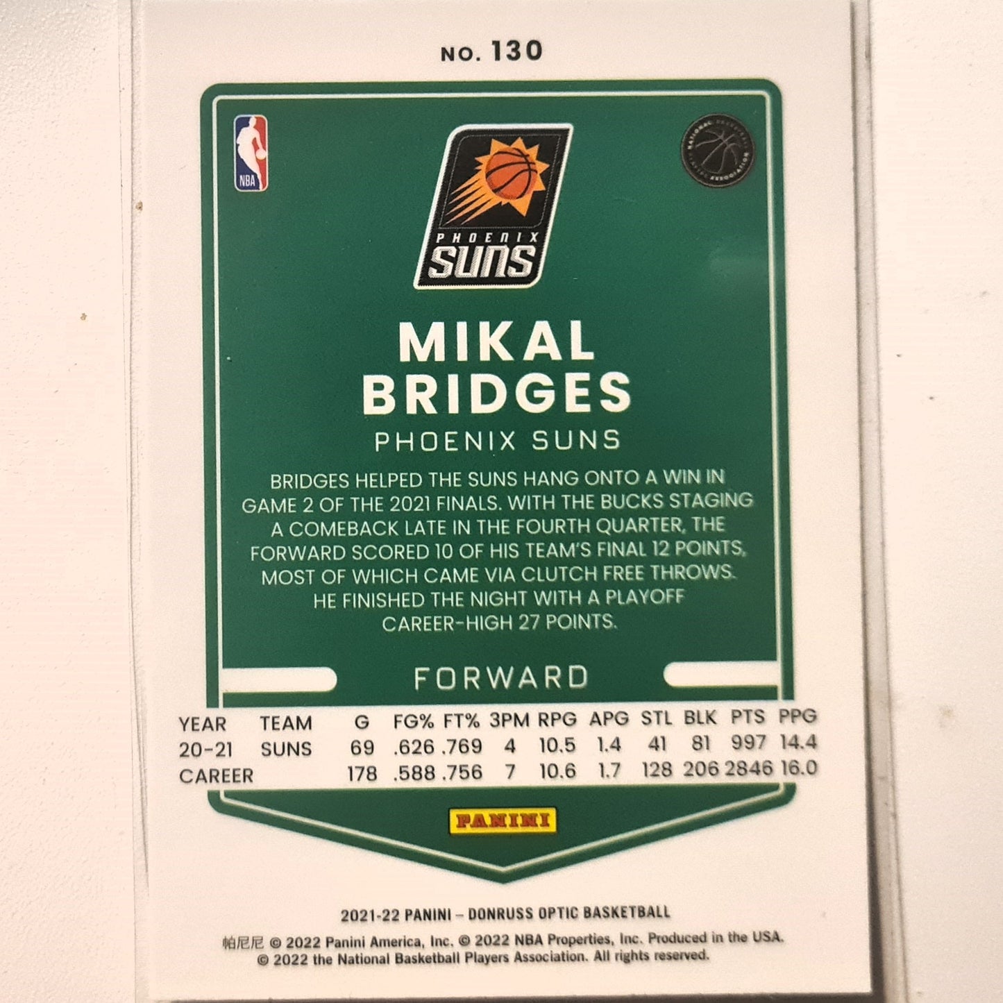 Mikal Bridges 2021-22 Panini Donruss Optic #130 NBA Basketball Phoenix Suns excellent/mint Sleeved