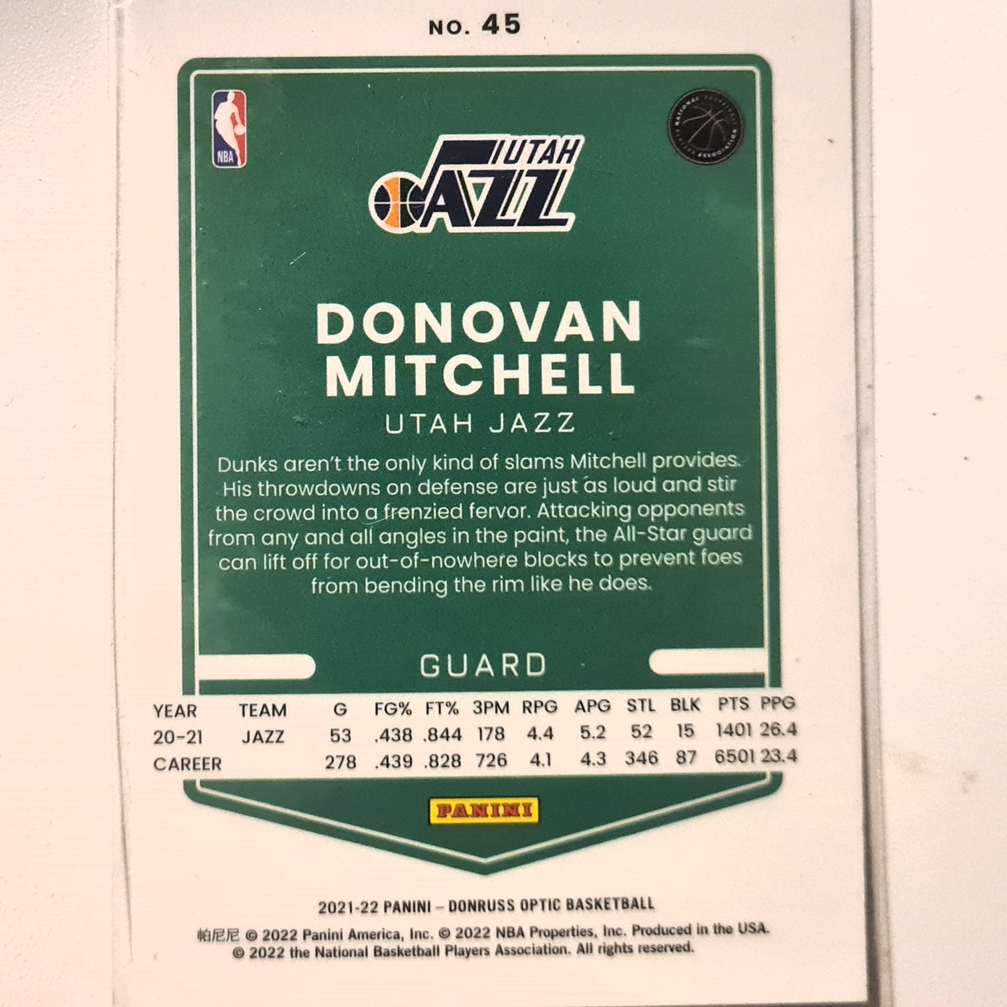 Donovan Mitchell 2021-22 Panini Donruss Optic #45 NBA Basketball Utah Jazz excellent/mint Sleeved