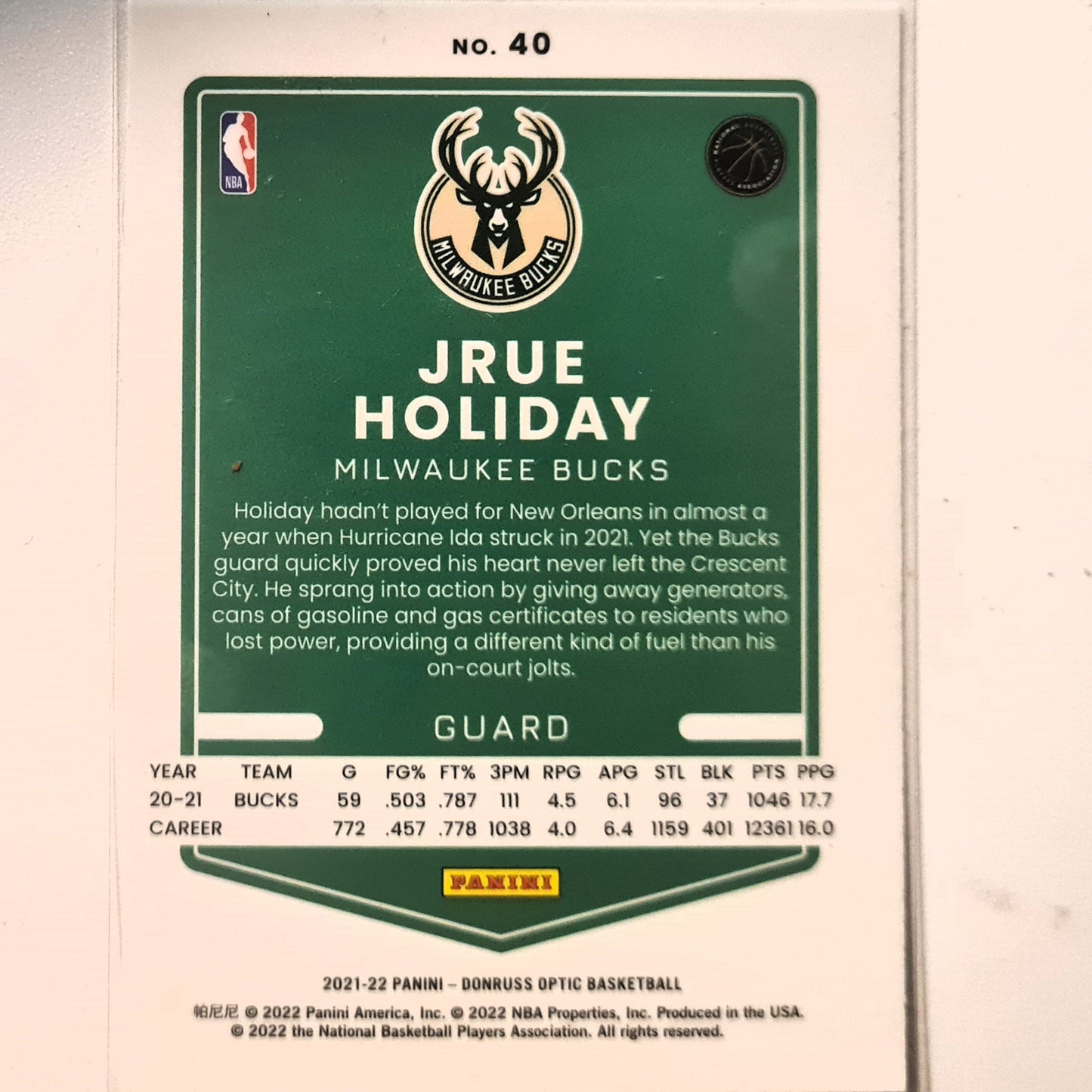 Jrue Holiday 2021-22 Panini Donruss Optic #40 NBA Basketball Boston Celtics excellent/mint Sleeved