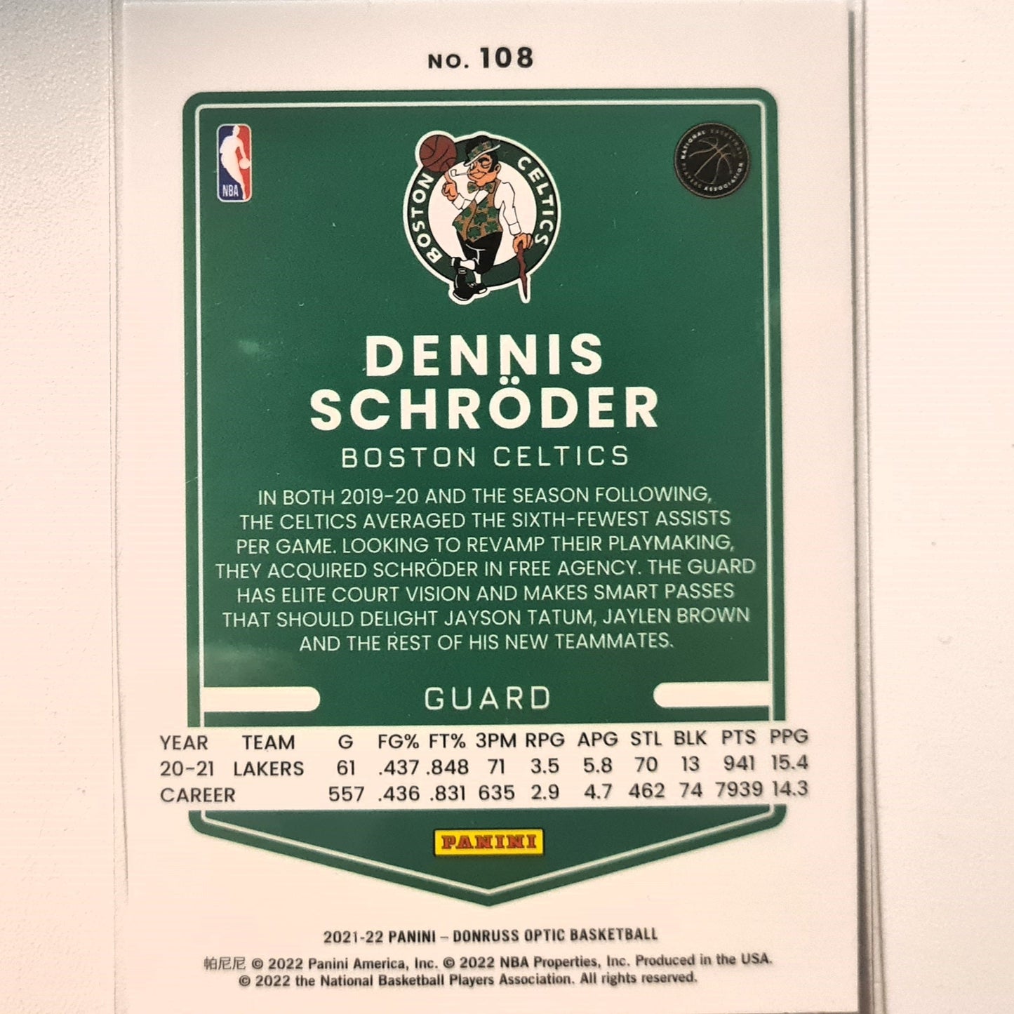 Dennis Schroder 2021-22 Panini Donruss Optic #108 NBA Basketball Boston Celtics excellent/mint Sleeved