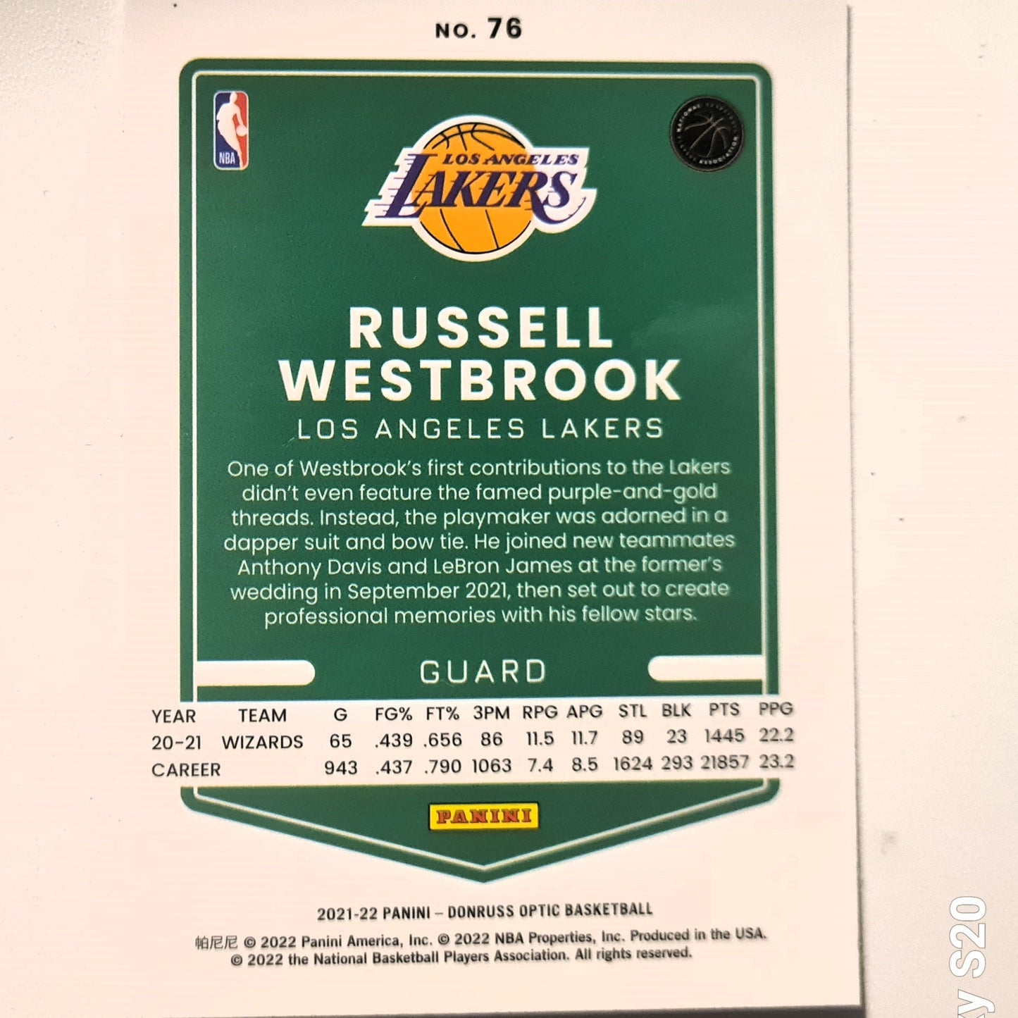 Russell Westbrook 2021-22 Panini Donruss Optic #76 NBA Basketball LA Lakers excellent/mint Sleeved