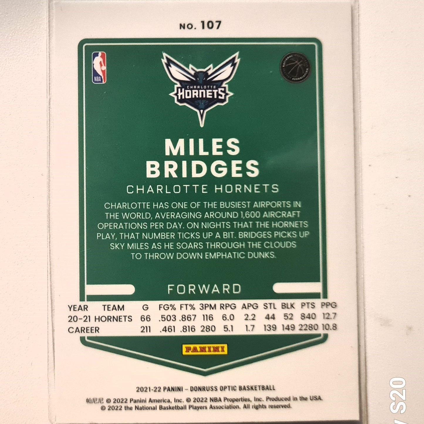 Miles Bridges 2021-22 Panini Donruss Optic #107 NBA Basketball Charlotte Hornets excellent/mint Sleeved