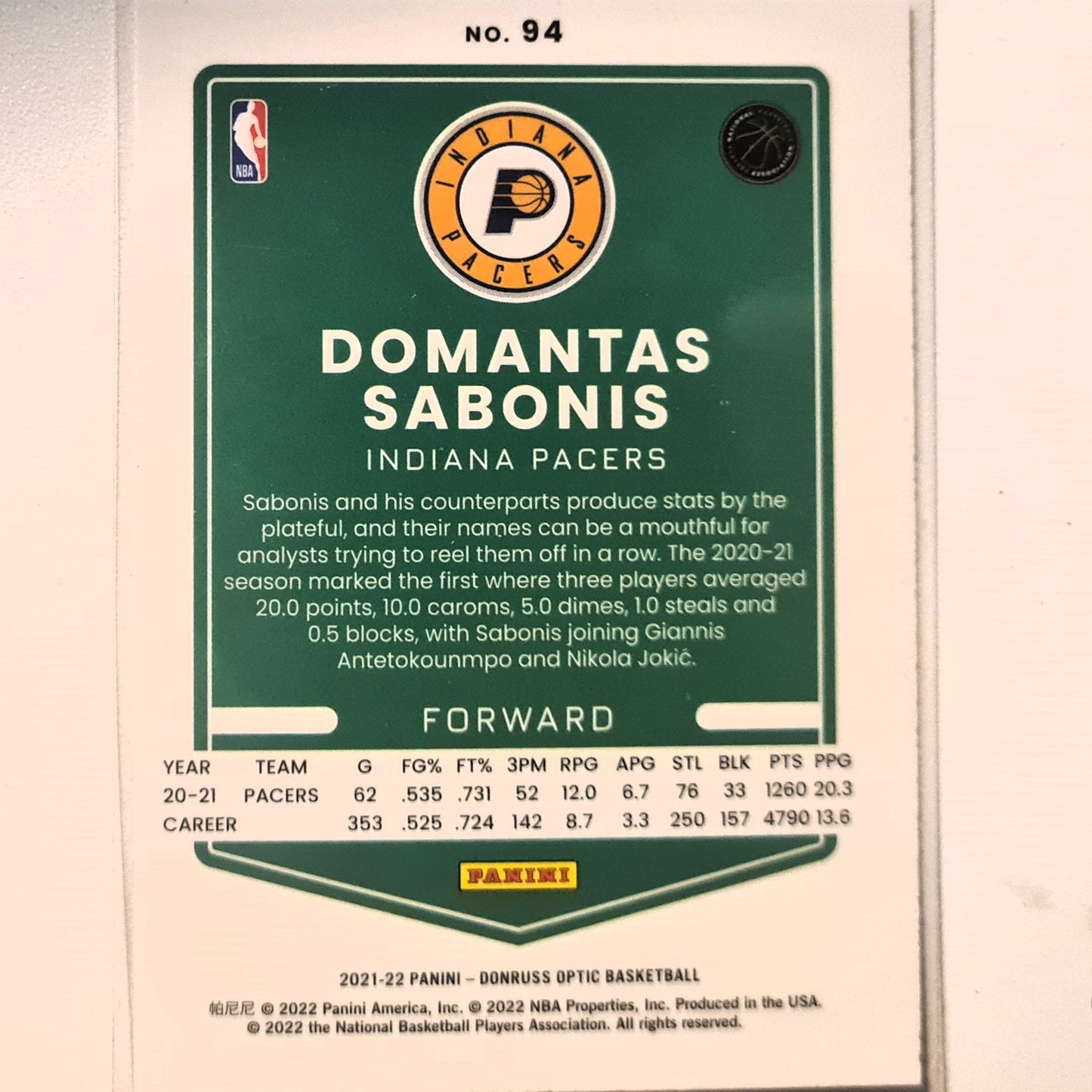 Domantas Sabonis 2021-22 Panini Donruss Optic #94 NBA Basketball Indiana Pacers excellent/mint Sleeved