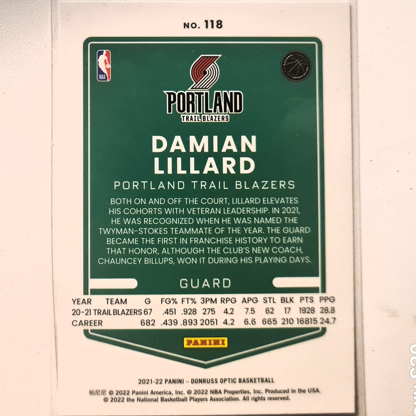 Damian Lillard 2021-22 Panini Donruss Optic #118 NBA Basketball Portland Trail Blazers excellent/mint Sleeved