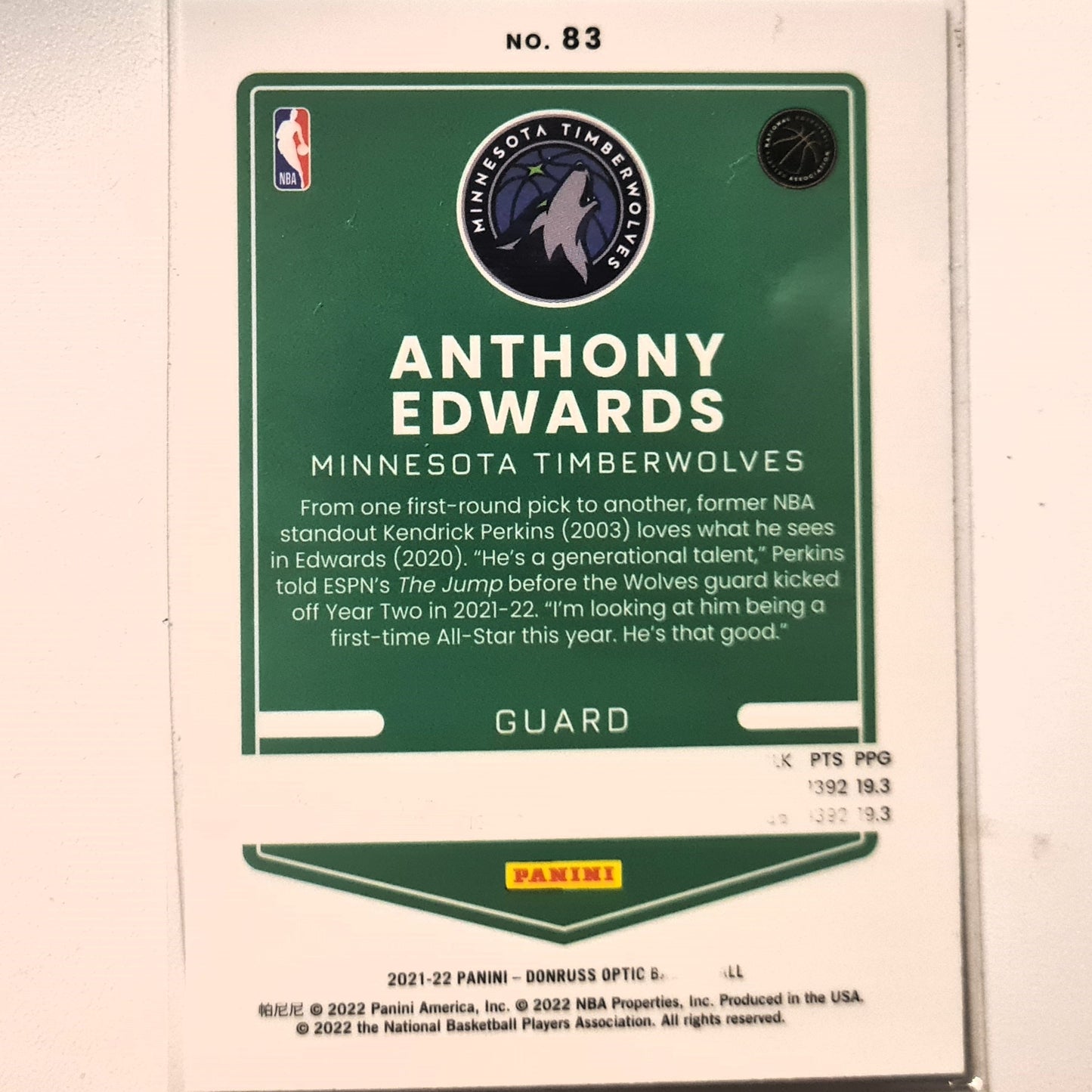 Anthony Edwards 2021-22 Panini Donruss Optic #83 NBA Basketball Minnesota Timberwolves excellent/mint Sleeved