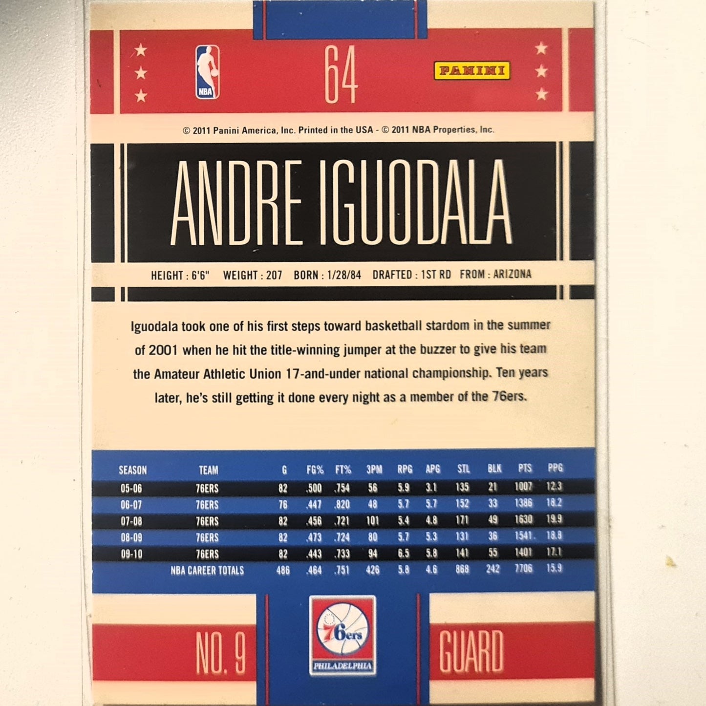 Andre Iguodala 2011 Panini Classics 10-11 #64 NBA Basketball Philadelphia 76ers excellent Sleeved