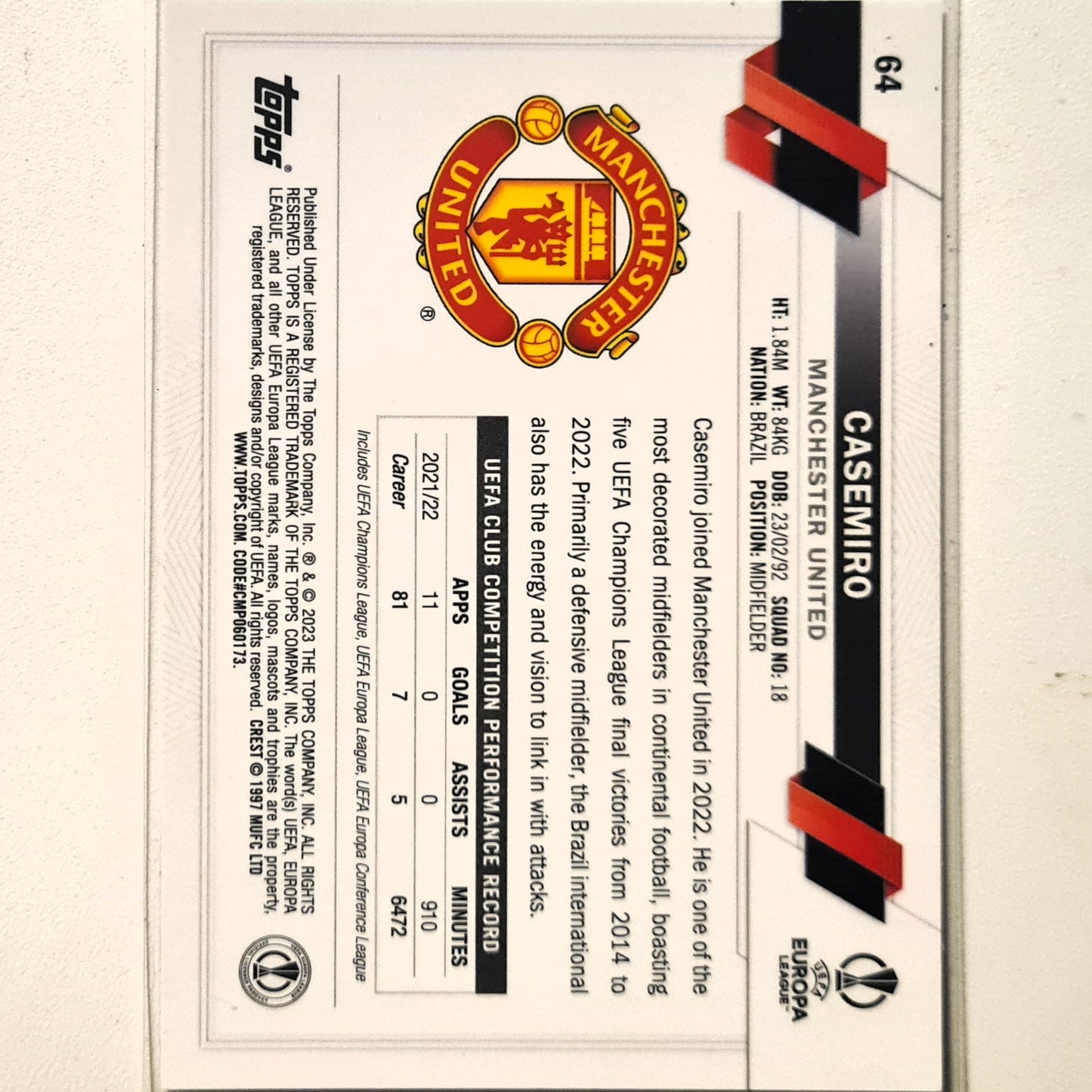 Casemiro 2023 Topps Europa League #64  Football Soccer Manchester United mint Sleeved