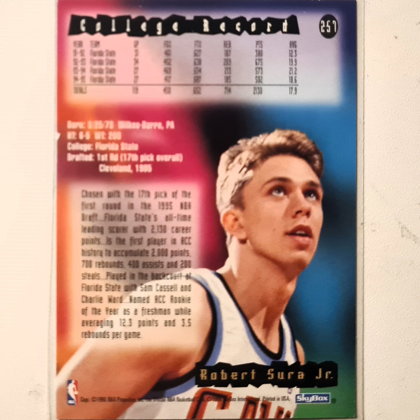 Bob Sura 1996 Skybox NBA Hoops Rookie RC #257 NBA Basketball Cleveland Cavaliers very good Sleeved