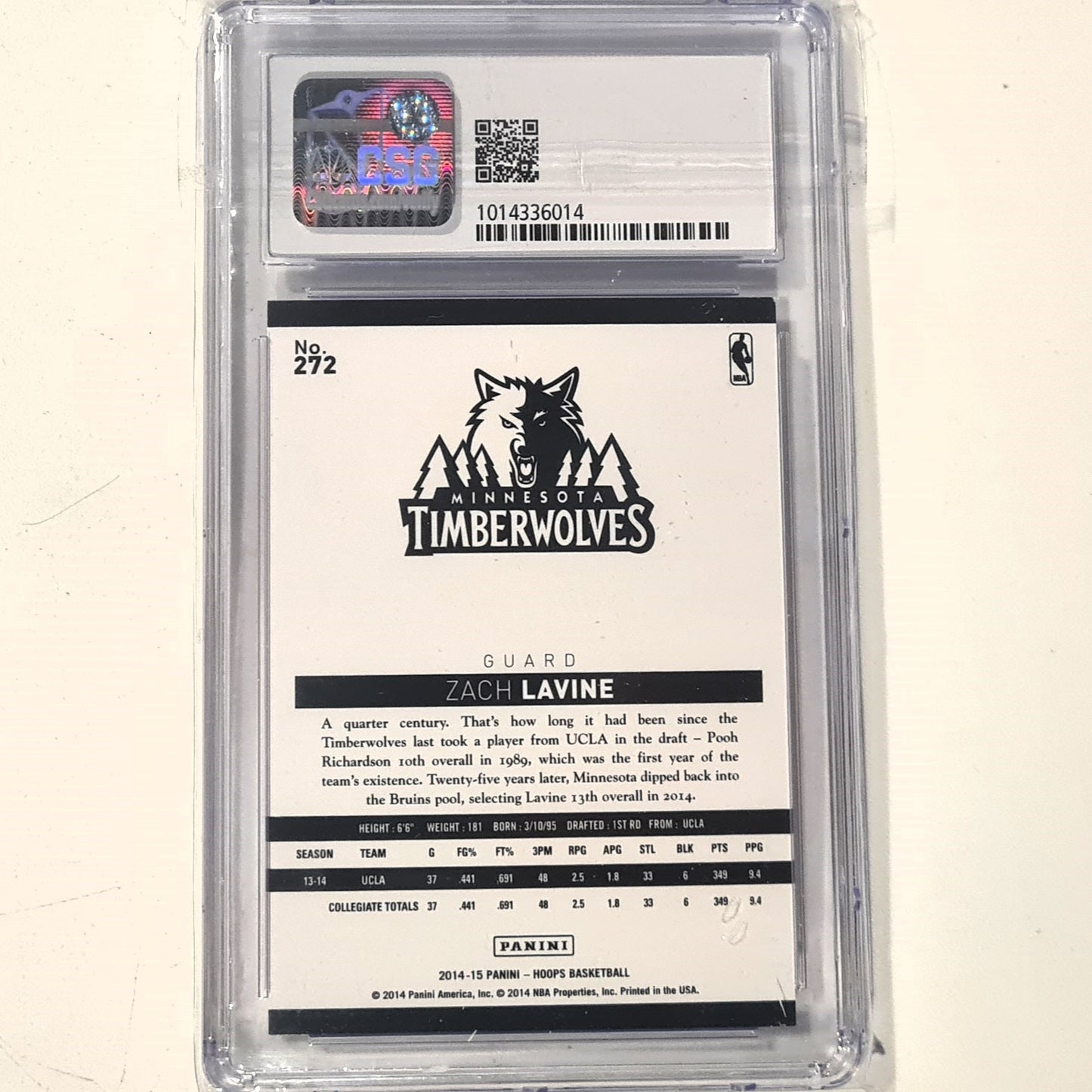 Zach LaVine 2014-15 Panini NBA Hoops Rookie RC #272 NBA Basketball Minnesota Timberwolves CSG Graded 8.5 mint slabbed Graded