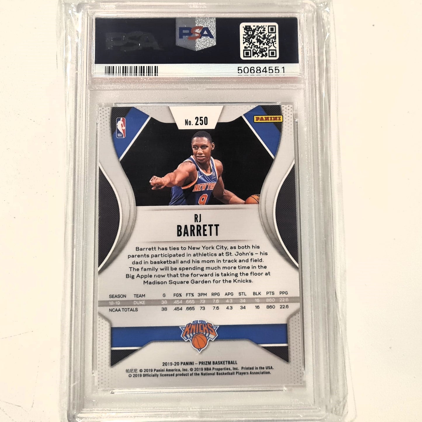 RJ Barrett 2019-20 Panini Prizm Rookie RC #250 NBA Basketball New York Knicks PSA 9 mint graded slab