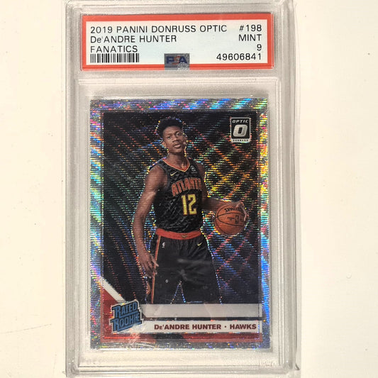 De'Andre Hunter 2019-20 Panini Donruss Optic Rated Rookie RC Fantatics #198 NBA Basketball Atlanta Hawks PSA 9 mint grades slab