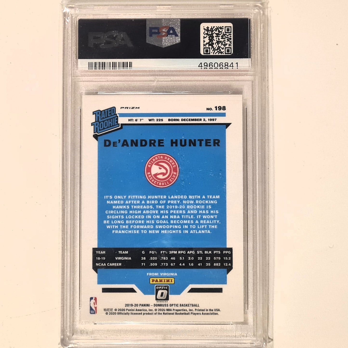 De'Andre Hunter 2019-20 Panini Donruss Optic Rated Rookie RC Fantatics #198 NBA Basketball Atlanta Hawks PSA 9 mint grades slab