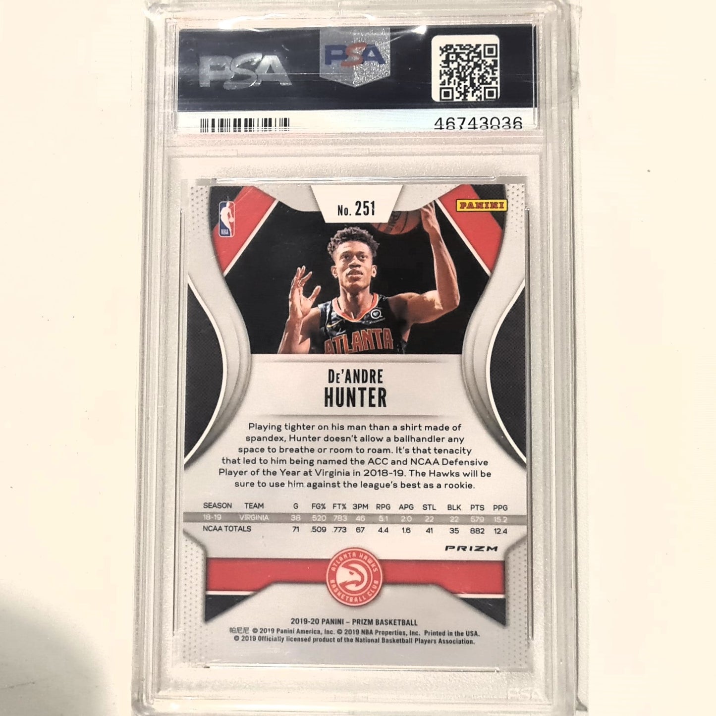 De'Andre Hunter 2019-20 Panini Prizm red cracked ice  Rookie RC #251 NBA Basketball Atlanta Hawks PSA 9 mint grades slab