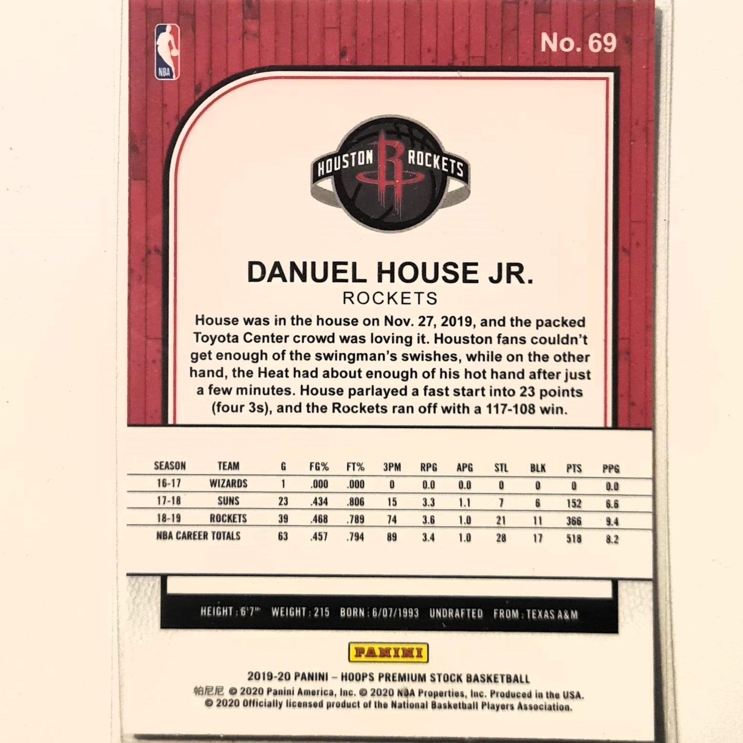 Danuel House Jr 2019-20 Panini NBA Hoops Premium stock #69 NBA Basketball Houston Rockets excellent/mint sleeved