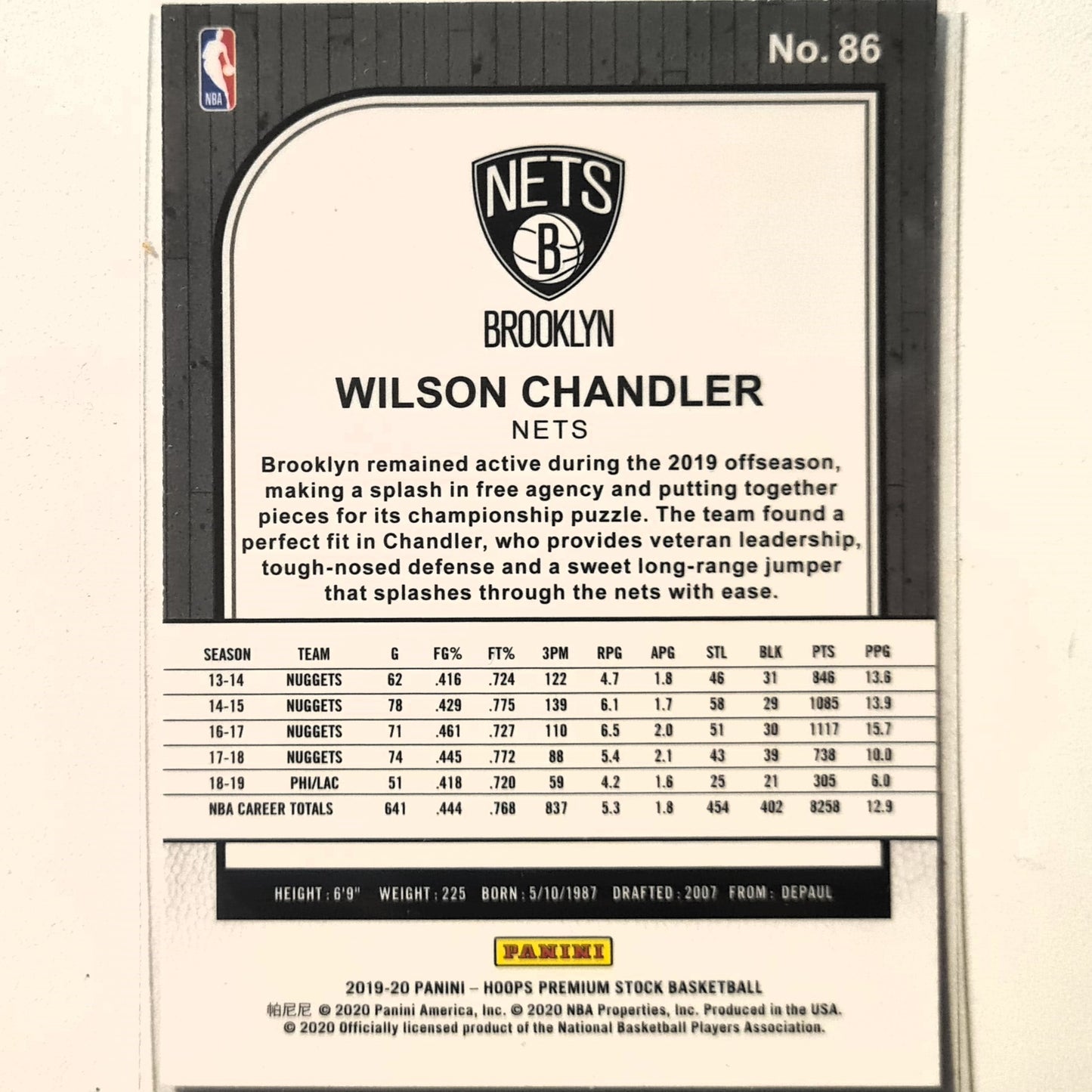 Wilson Chandler 2019-20 Panini NBA Hoops Premium stock #86 NBA Basketball Brooklyn Nets excellent/mint sleeved