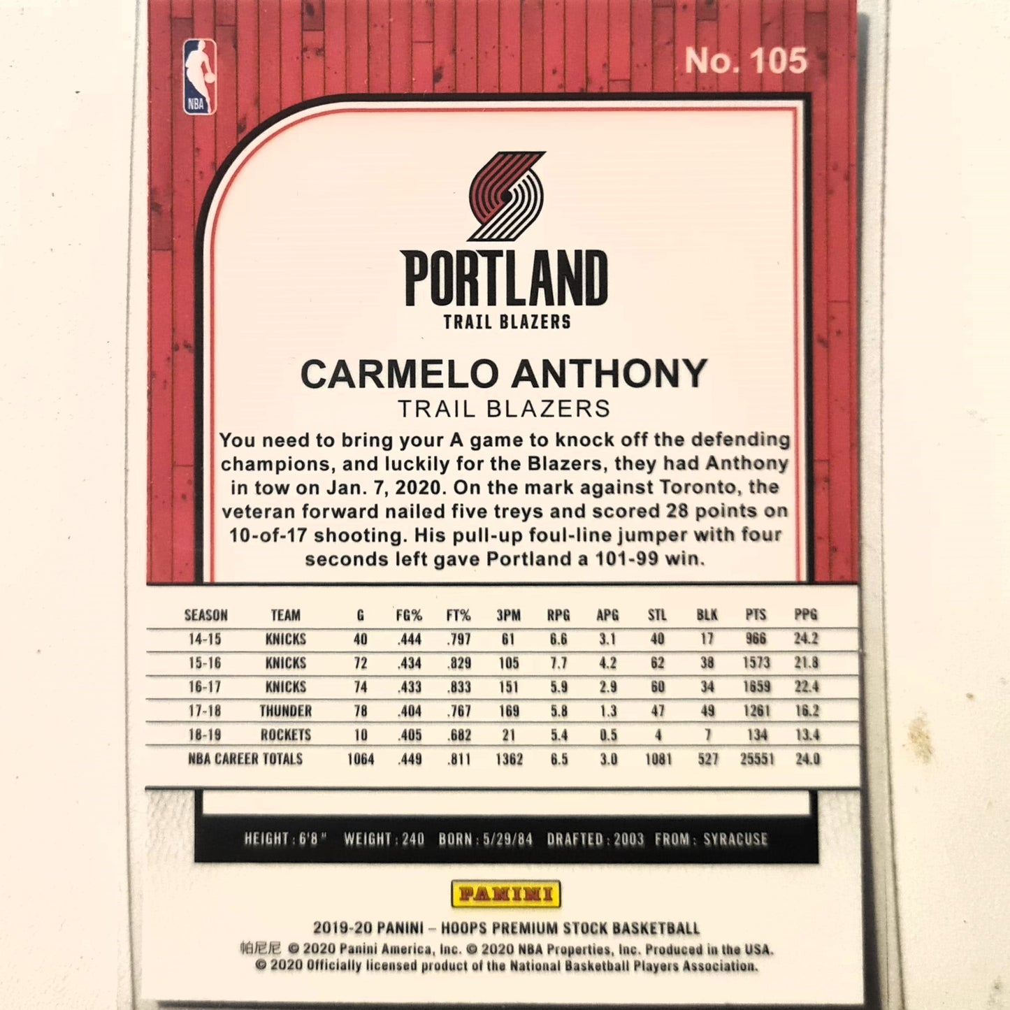 Carmelo Anthony 2019-20 Panini NBA Hoops Premium stock #105 NBA Basketball Portland Trail Blazers excellent/mint sleeved