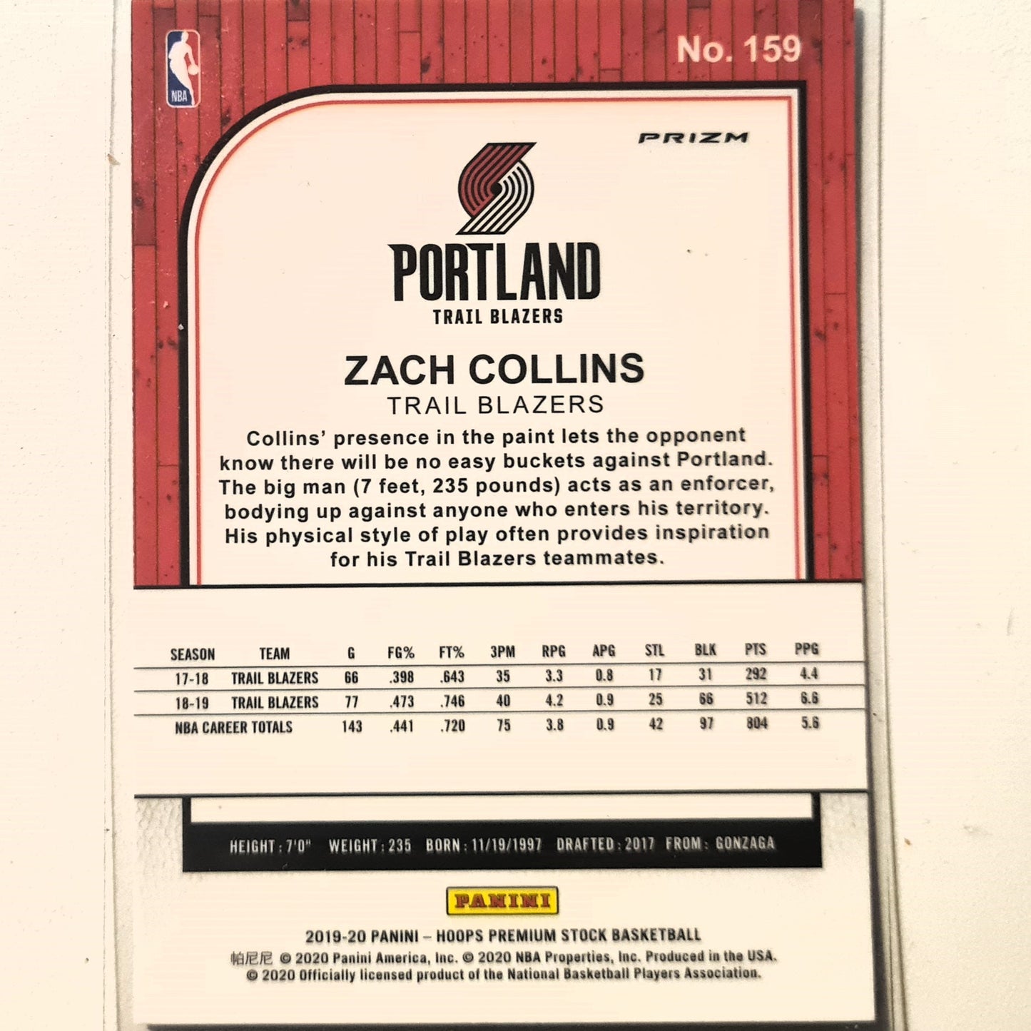 Zach Collins 2019-20 Panini NBA Hoops Premium stock prizm refractor #159 NBA Basketball Portland Trail Blazers excellent/mint sleeved