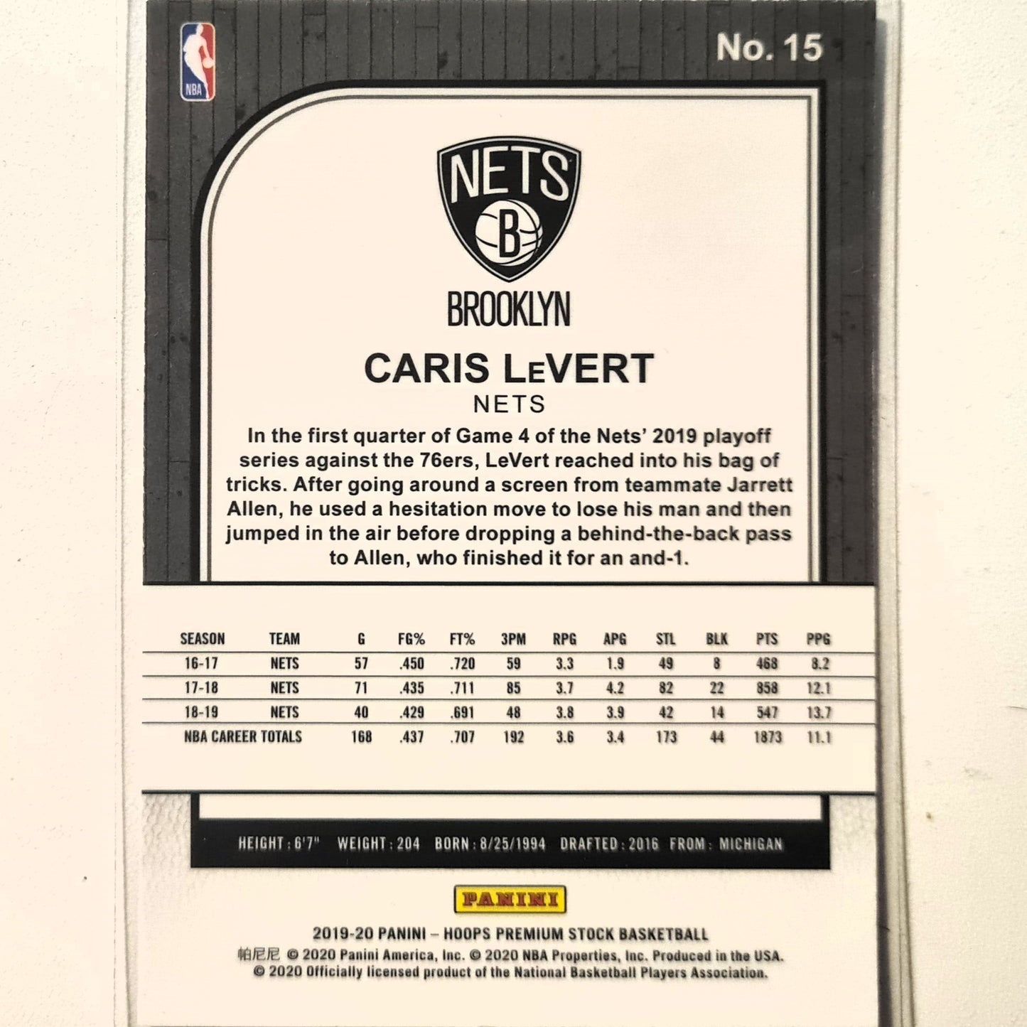 Caris LeVert 2019-20 Panini NBA Hoops Premium stock #15 NBA Basketball Brooklyn Nets excellent/mint sleeved