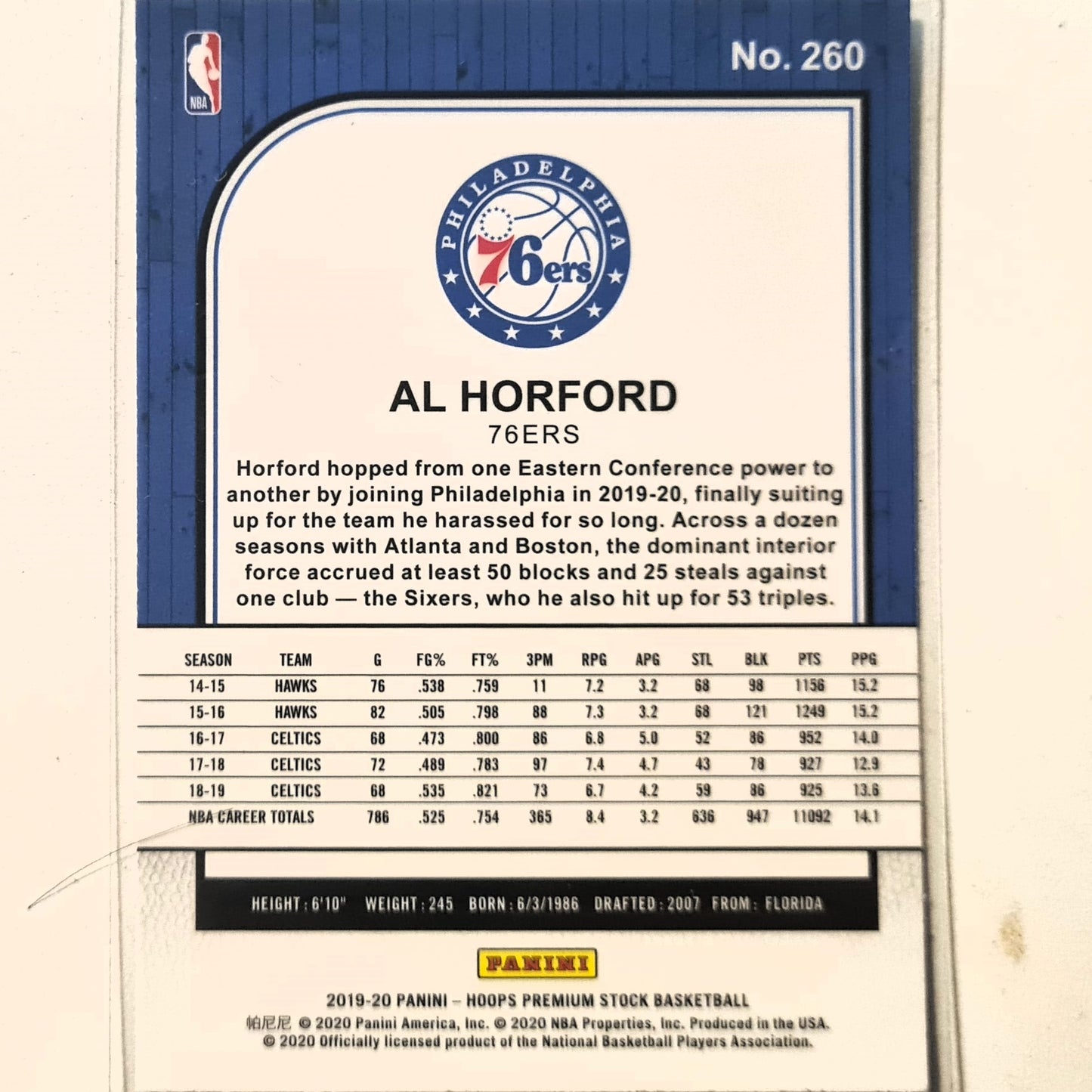 Al Horford 2019-20 Panini NBA Hoops Premium stock Basketball #260 NBA Basketball Philadelphia 76ers excellent/mint sleeved