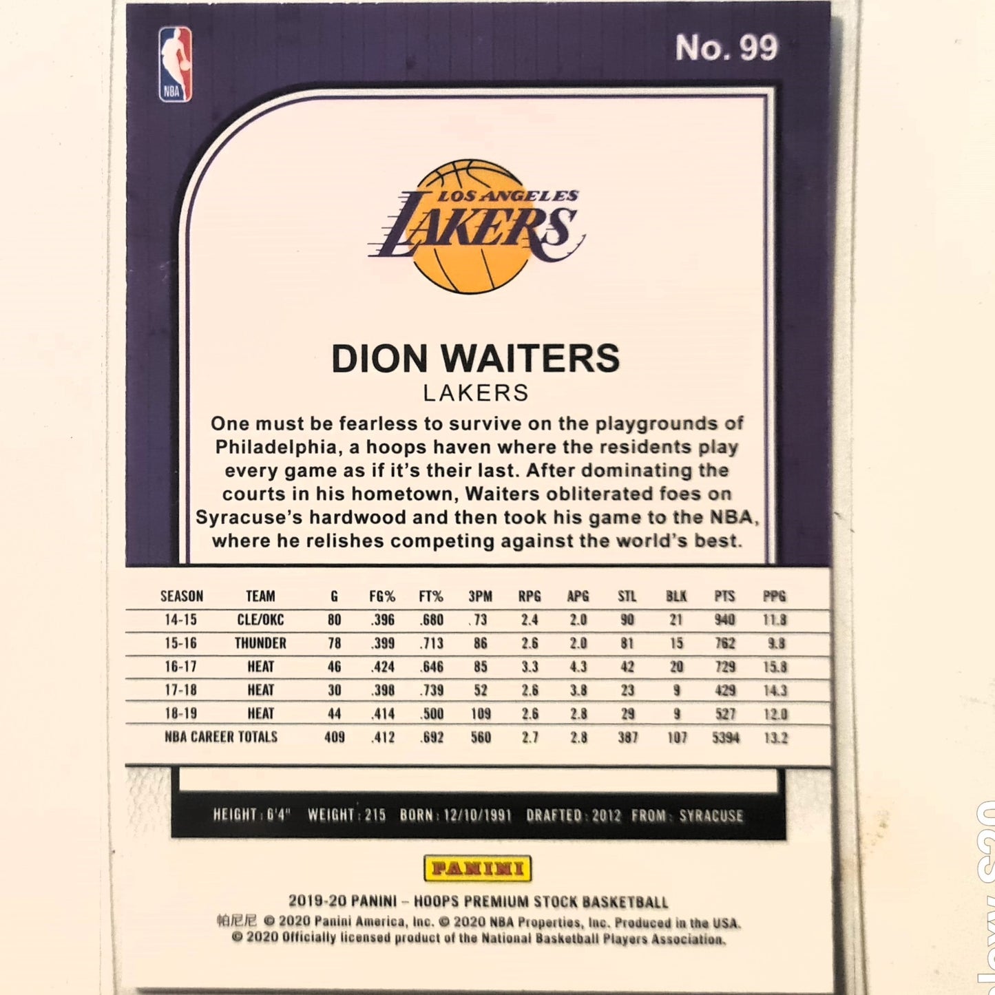 Dion Waiters 2019-20 Panini NBA Hoops Premium stock Basketball #99 NBA Basketball LA Lakers excellent/mint sleeved