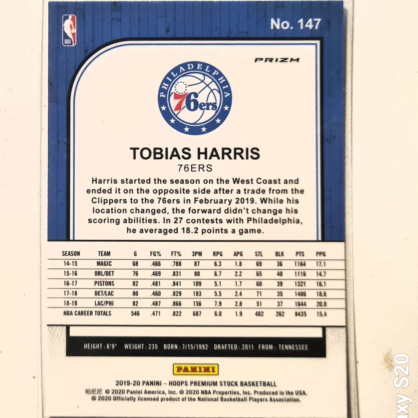 Tobias Harris 2019-20 Panini NBA Hoops Premium stock Basketball prizm holo #147 NBA Basketball Philadelphia 76ers excellent/mint sleeved