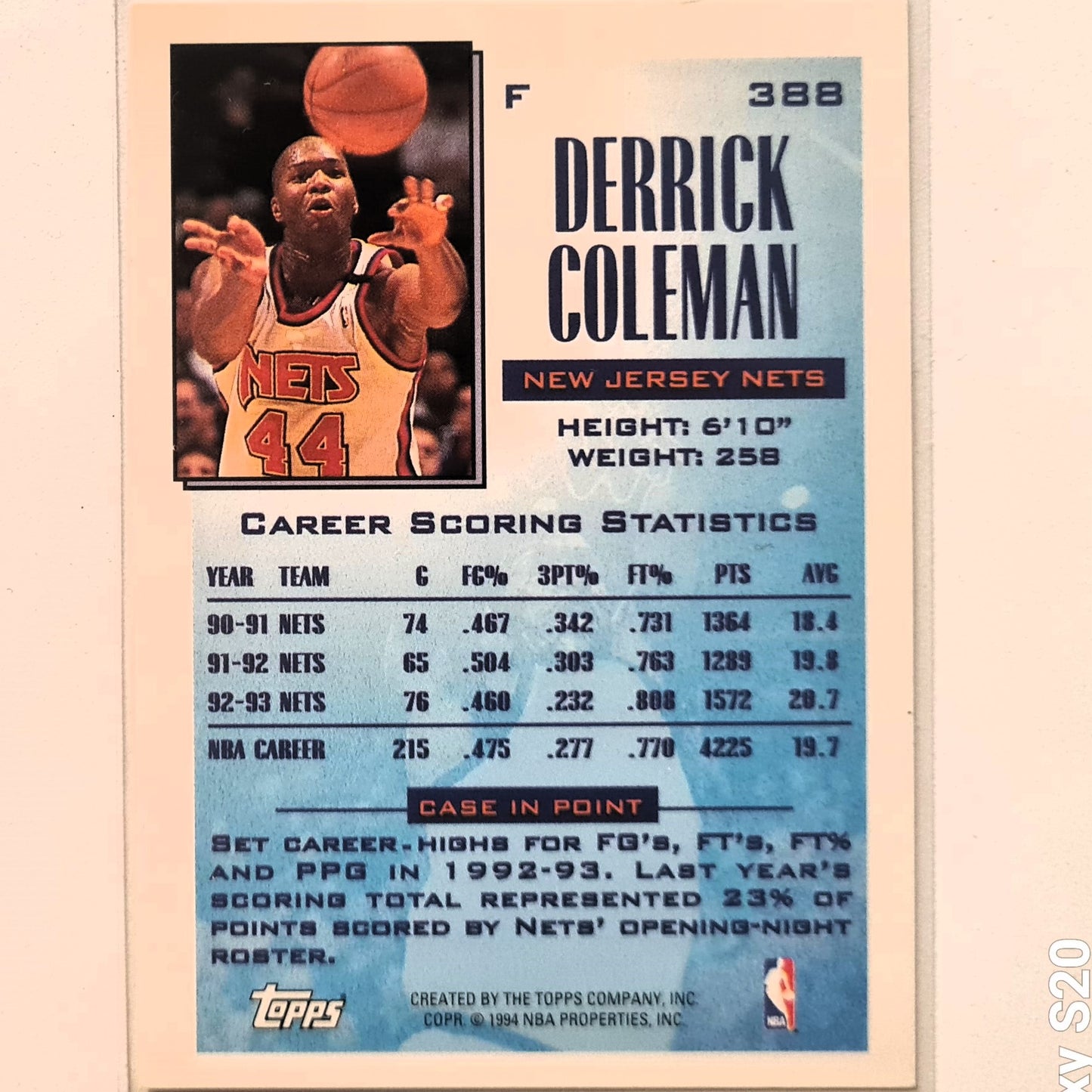 Derrick Coleman 1994 Topps Gold future Scoring Leader #388 NBA Basketball New Jersey Nets Excellent Sleeved