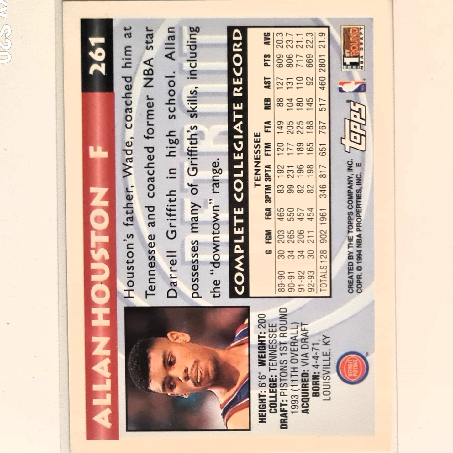 Allan Houston 1994 1st round draft Rookie RC #261 NBA Basketball Detroit Pistons Excellent sleeved