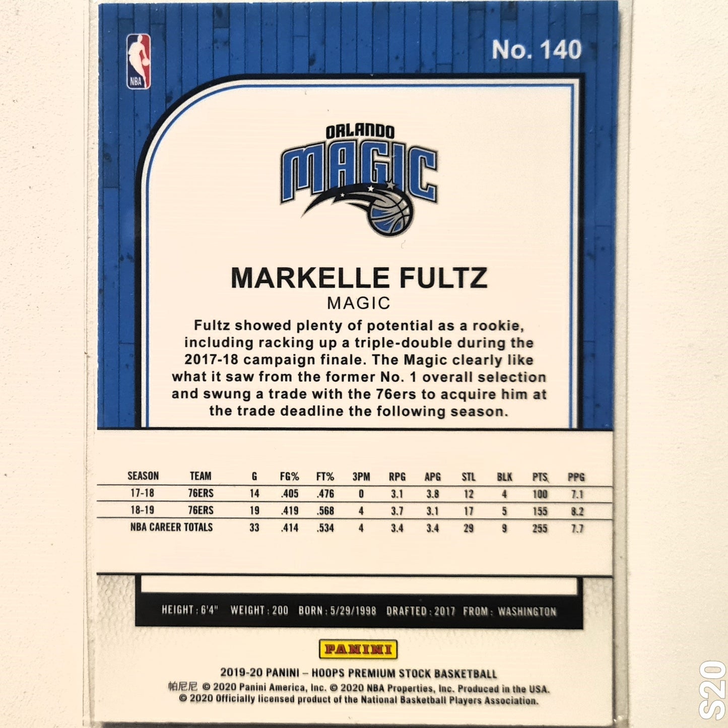 Markelle Fultz 2019-20 Panini NBA Hoops premium stock #140 NBA Basketball Orlando Magic Excellent Sleeved