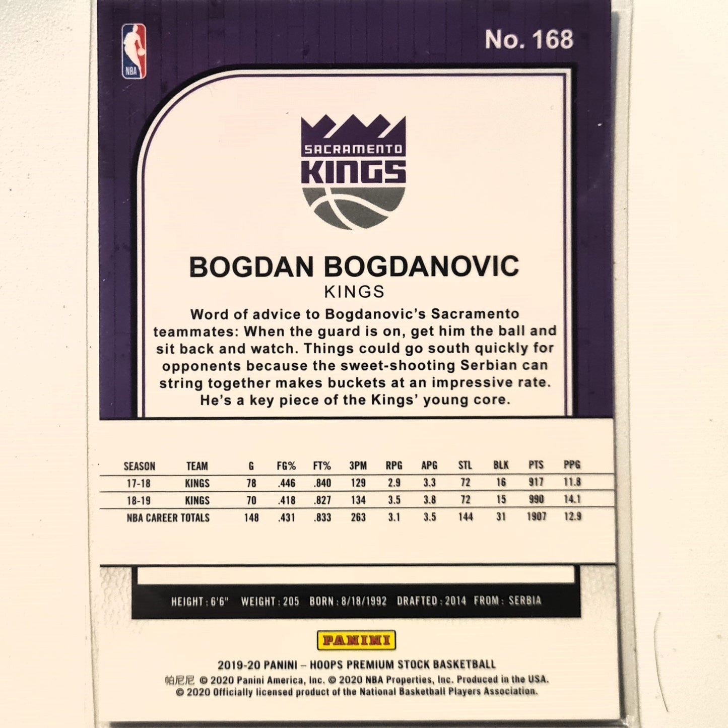 Bogdan Bogdanovic 2019-20 Panini NBA Hoops premium stock #168 NBA Basketball Sacramento Kings Excellent Sleeved