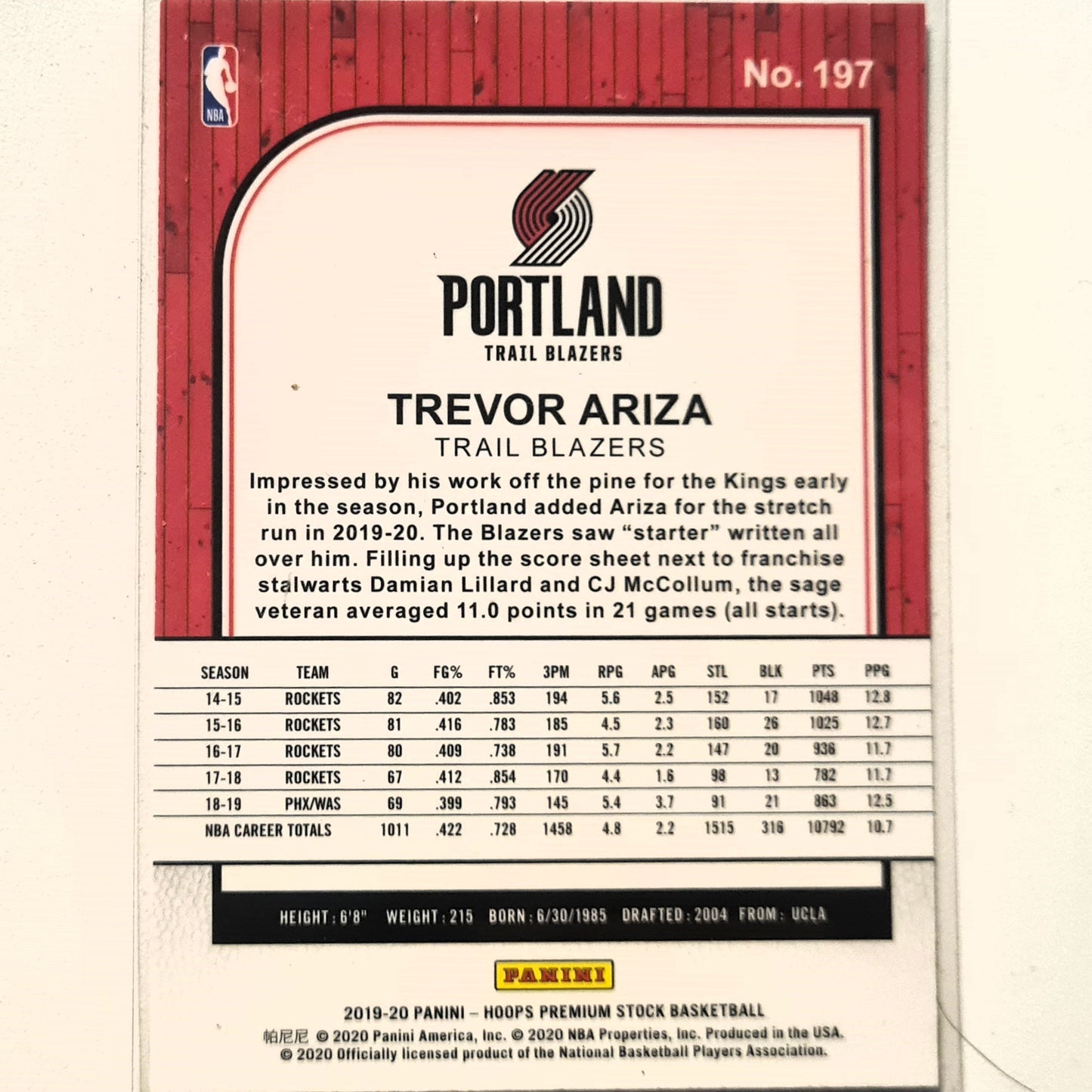 Trevor Ariza 2019-20 Panini NBA Hoops premium stock #197 NBA Basketball Portland trail blazers Excellent Sleeved