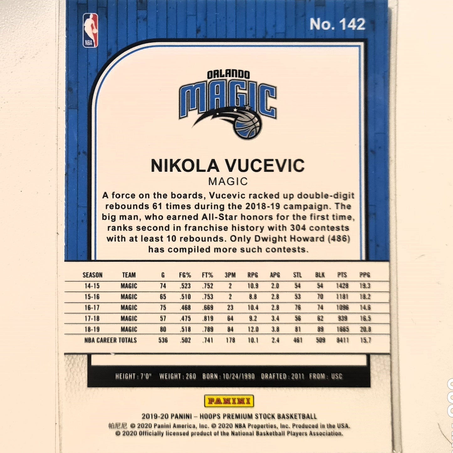 Nikola Vucevic 2019-20 Panini NBA Hoops premium stock #142 NBA Basketball Orlando Magic Excellent Sleeved