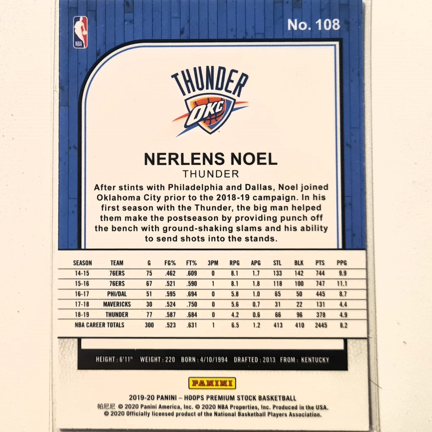 Nerlens Noel 2019-20 Panini NBA Hoops premium stock #108 NBA Basketball Oklahoma city thunder Excellent Sleeved