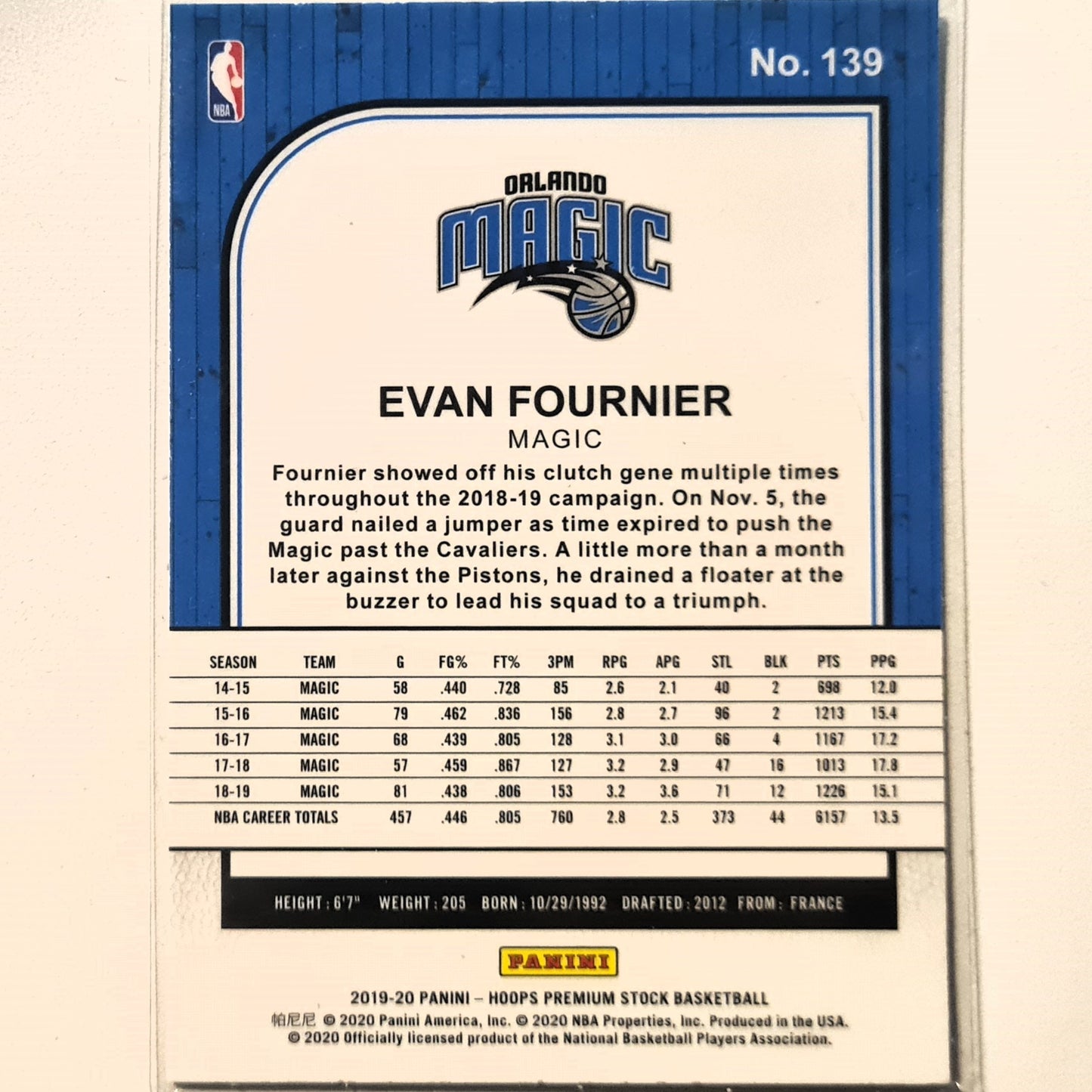 Evan Fournier 2019-20 Panini NBA Hoops premium stock #139 NBA Basketball Orlando Magic Excellent Sleeved