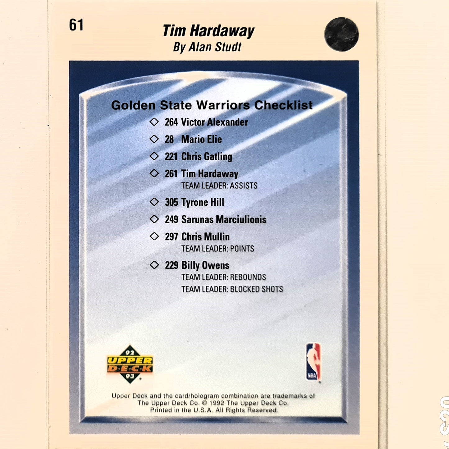 Tim Hardaway 1992 Upper-Deck Alan Studt illustrated artwork #61 NBA Basketball Golden State Warriors Excellent Sleeved