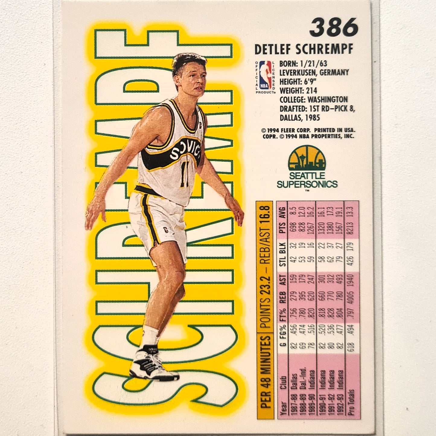 Detlef Schrempf 1993 Fleer 93-94 #386 NBA Basketball Seattle Super Sonics Excellent Sleeved