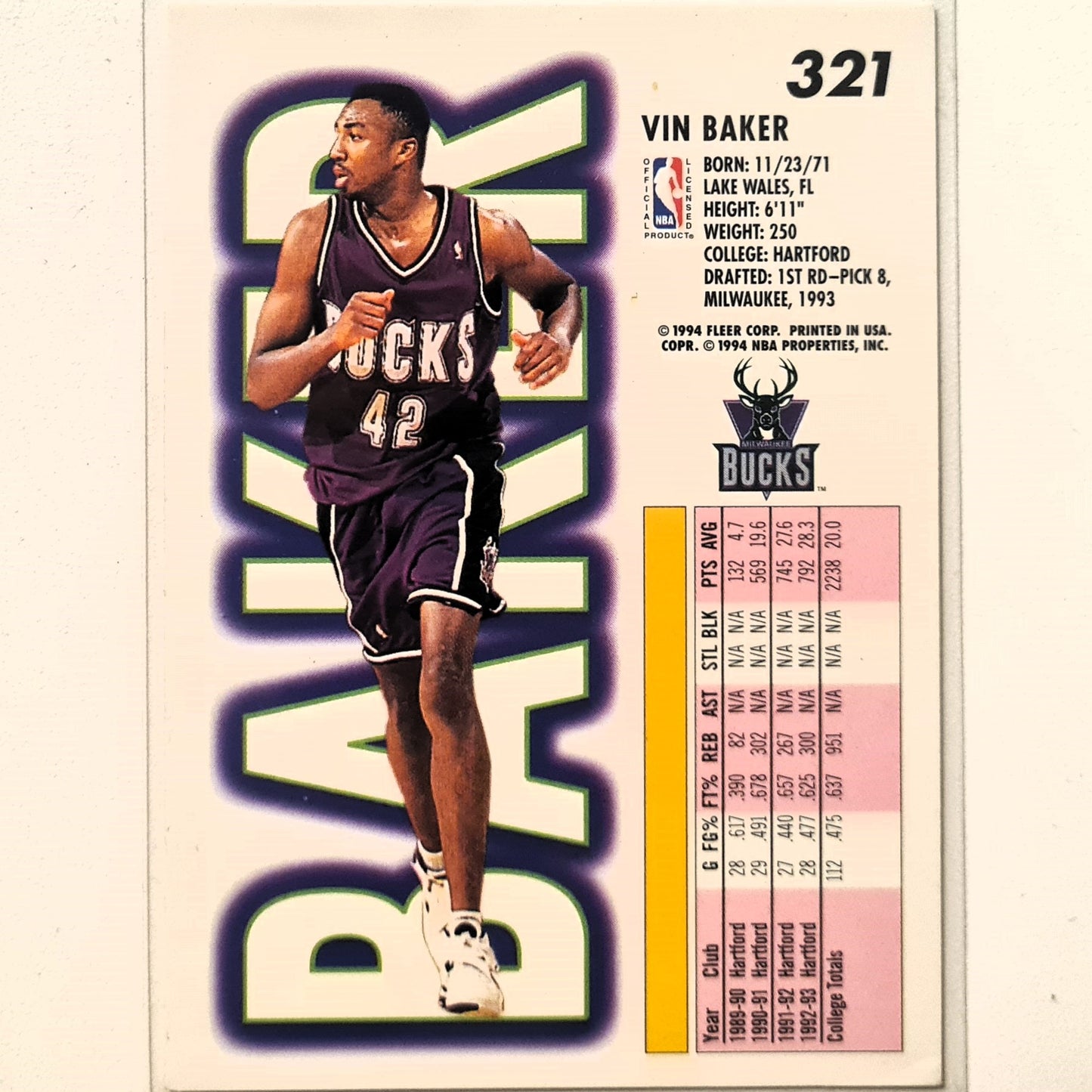 Vin Baker 1994 Fleer 93-94 #321 NBA Basketball Milwaukee Bucks Excellent Sleeved