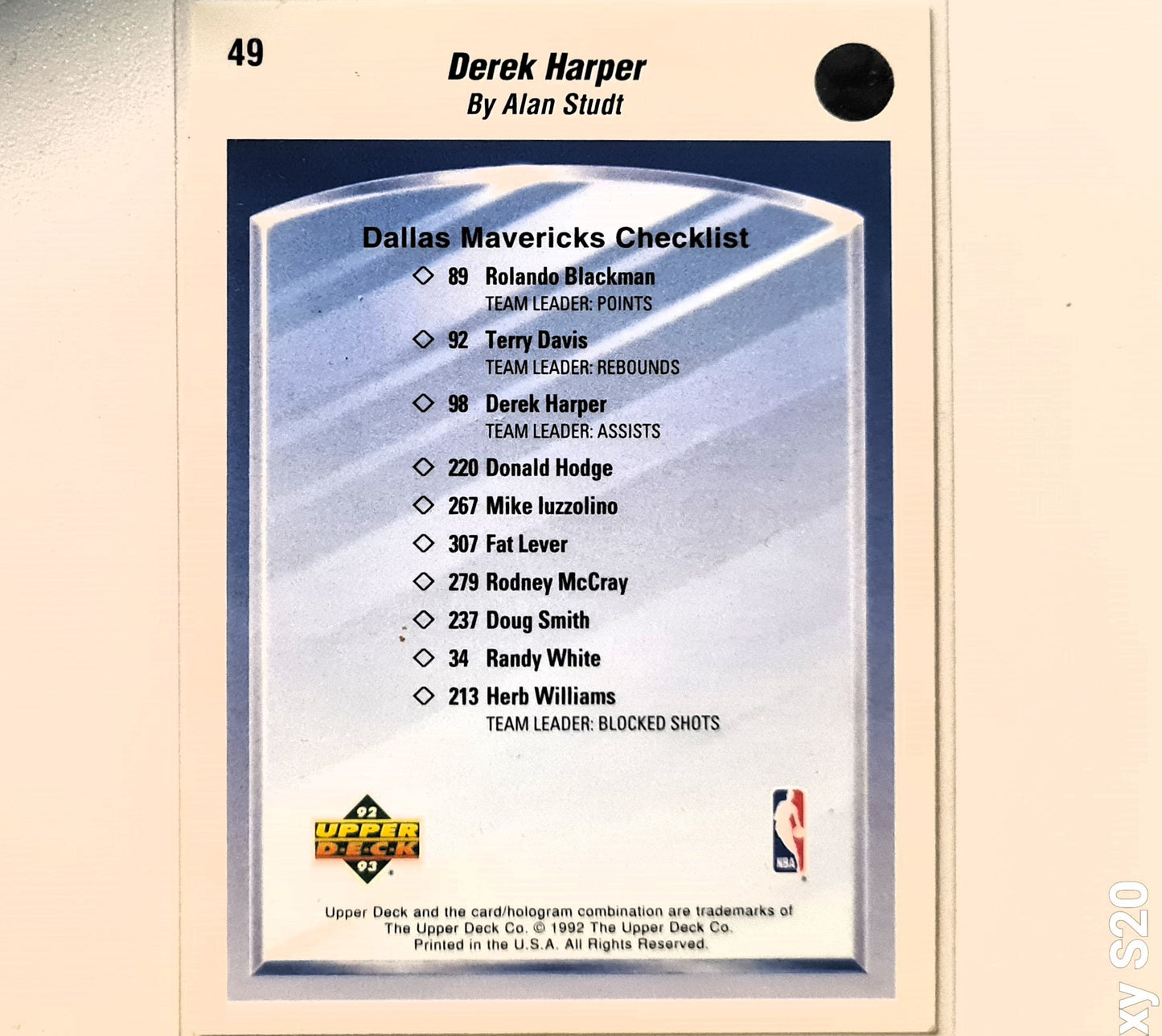 Derek Harper 1992 Upper-Deck Alan Studt illustrated artwork #49 NBA Basketball Dallas Mavericks Excellent Sleeved