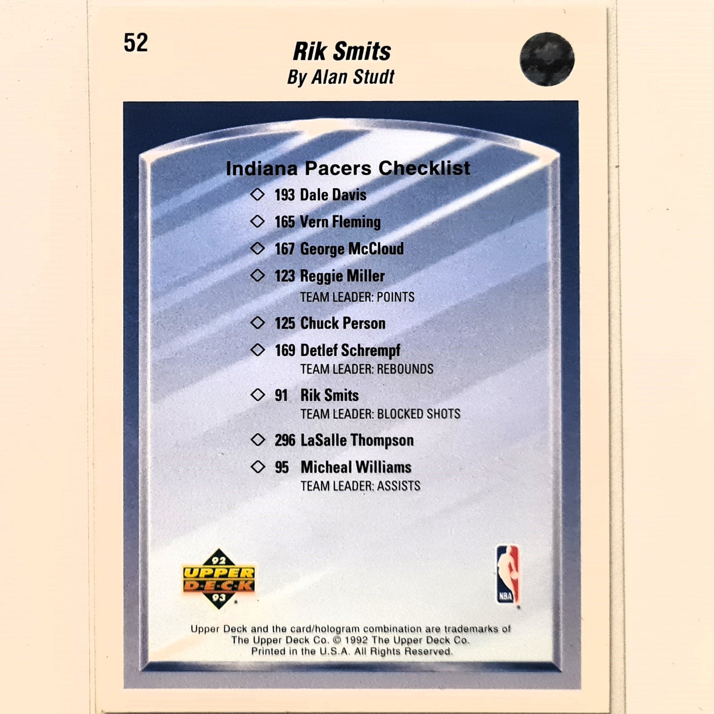 Rik Smits 1992 Upper-Deck Alan Studt illustrated artwork #52 NBA Basketball Indiana Pacers Excellent Sleeved