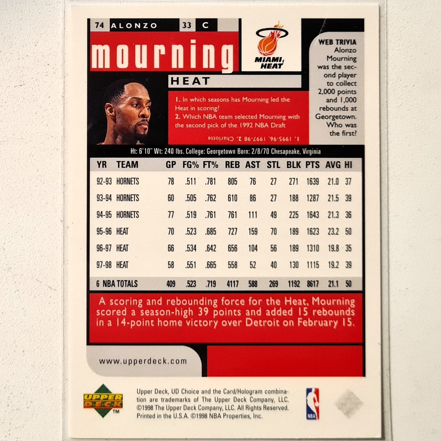 Alonzo Mourning 1998 Upper-Deck #74 NBA Basketball Miami Heat Excellent sleeved