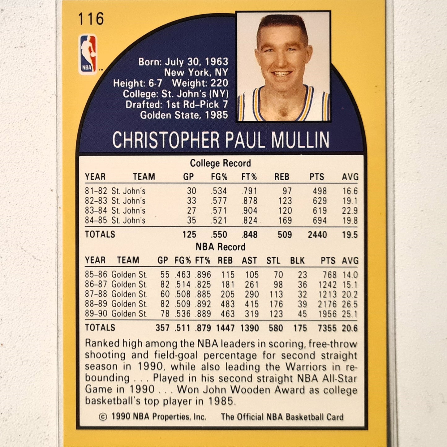 Chris Mullin 1990 NBA Hoops #116 NBA Basketball Golden State Warriors Excellent sleeved