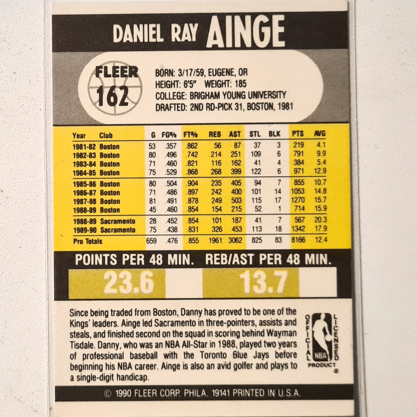 Danny Ainge 1990 Fleer #162 NBA Basketball Sacramento Kings stunning/mint sleeved