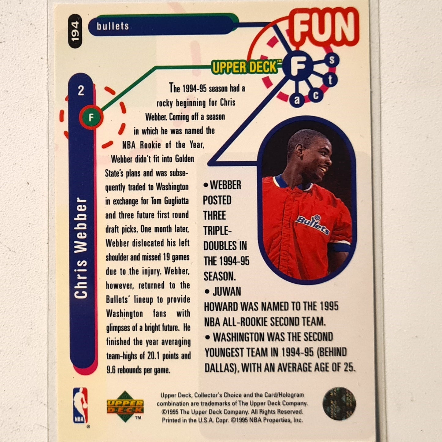 Chris Webber 1995 Upper-Deck Fun Facts #194 NBA Basketball Washington Bullets very good Sleeved