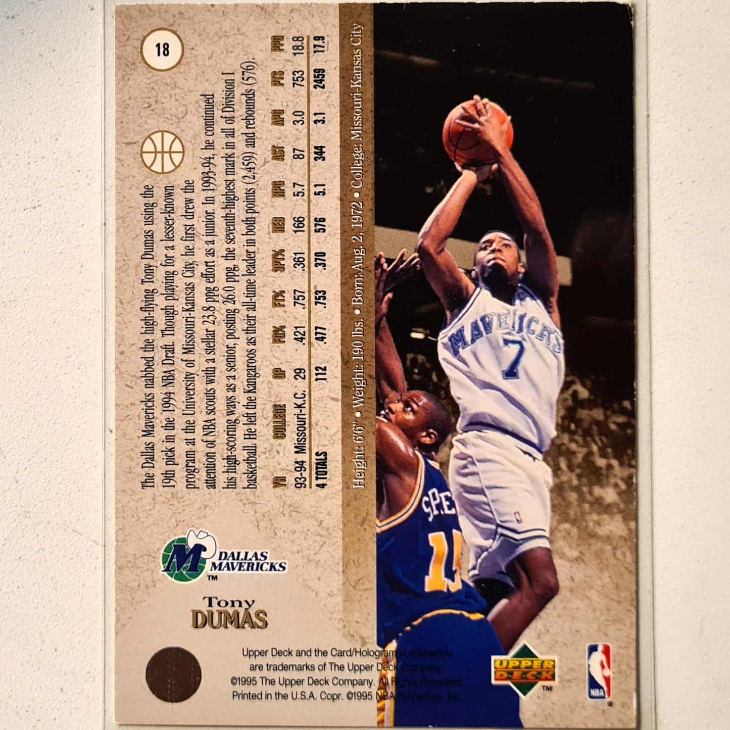 tony Dumas 1995 Upper Deck SP Premier Prospects Rookie RC  #18 NBA Basketball Dallas Mavericks Fair Sleeved