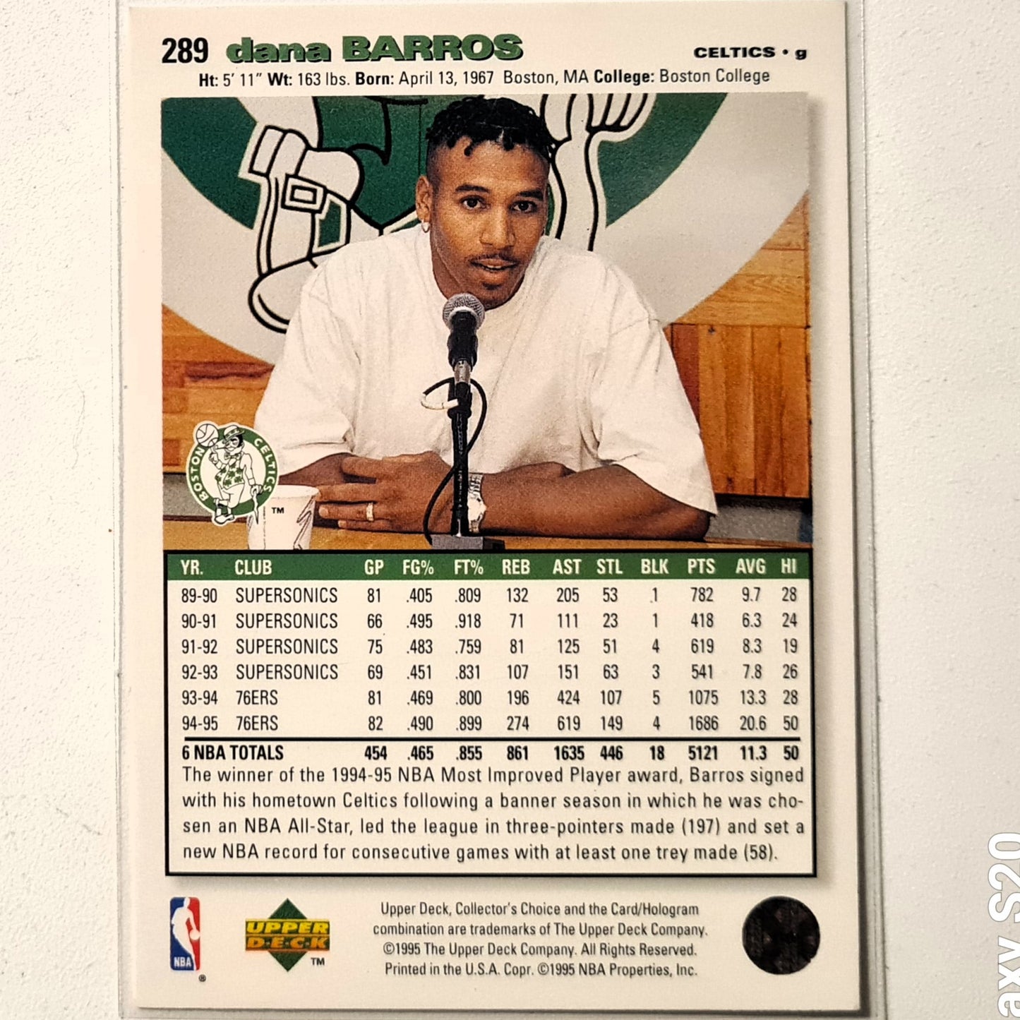 Dana Barros 1995 Upper deck collectors choice #289 NBA Basketball Boston Celtics Excellent Sleeved