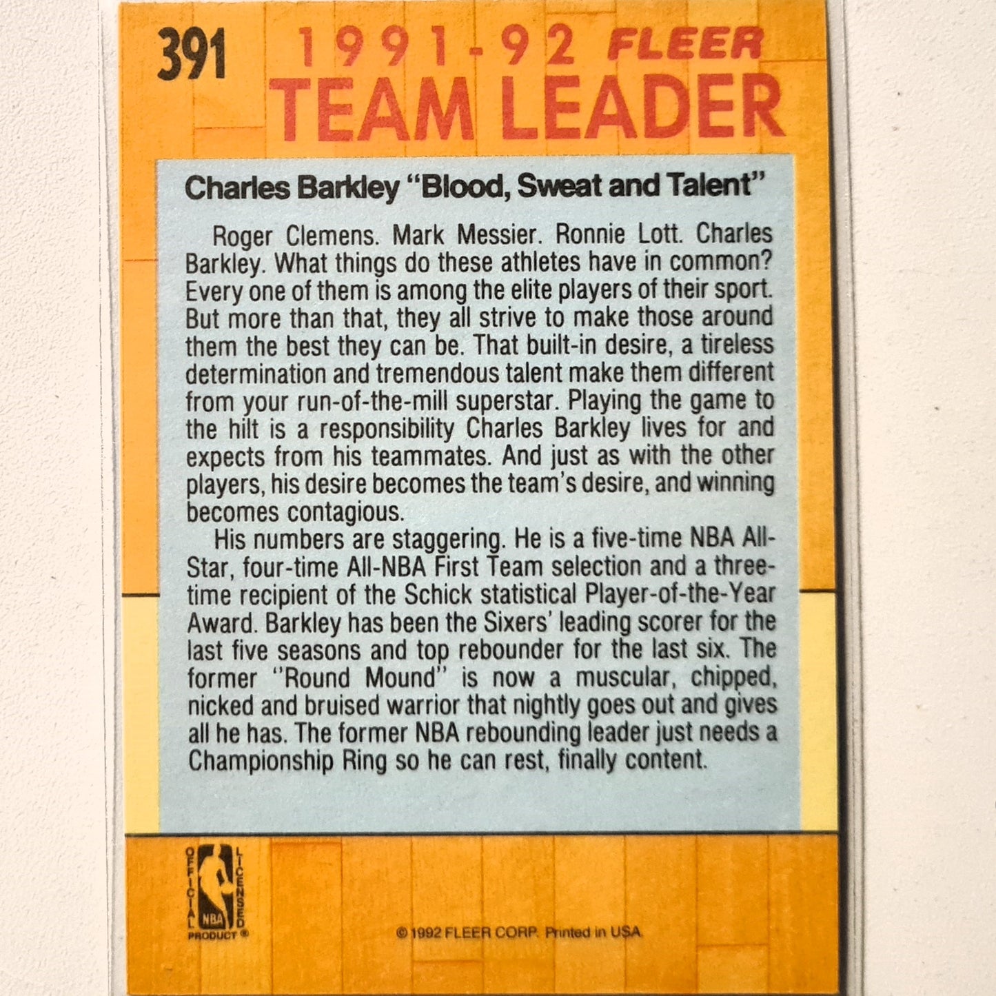 Charles Barkley 1992 Fleer 91-92 Team Leader #391 NBA Basketball Philadelphia 76ers good/very good Sleeved