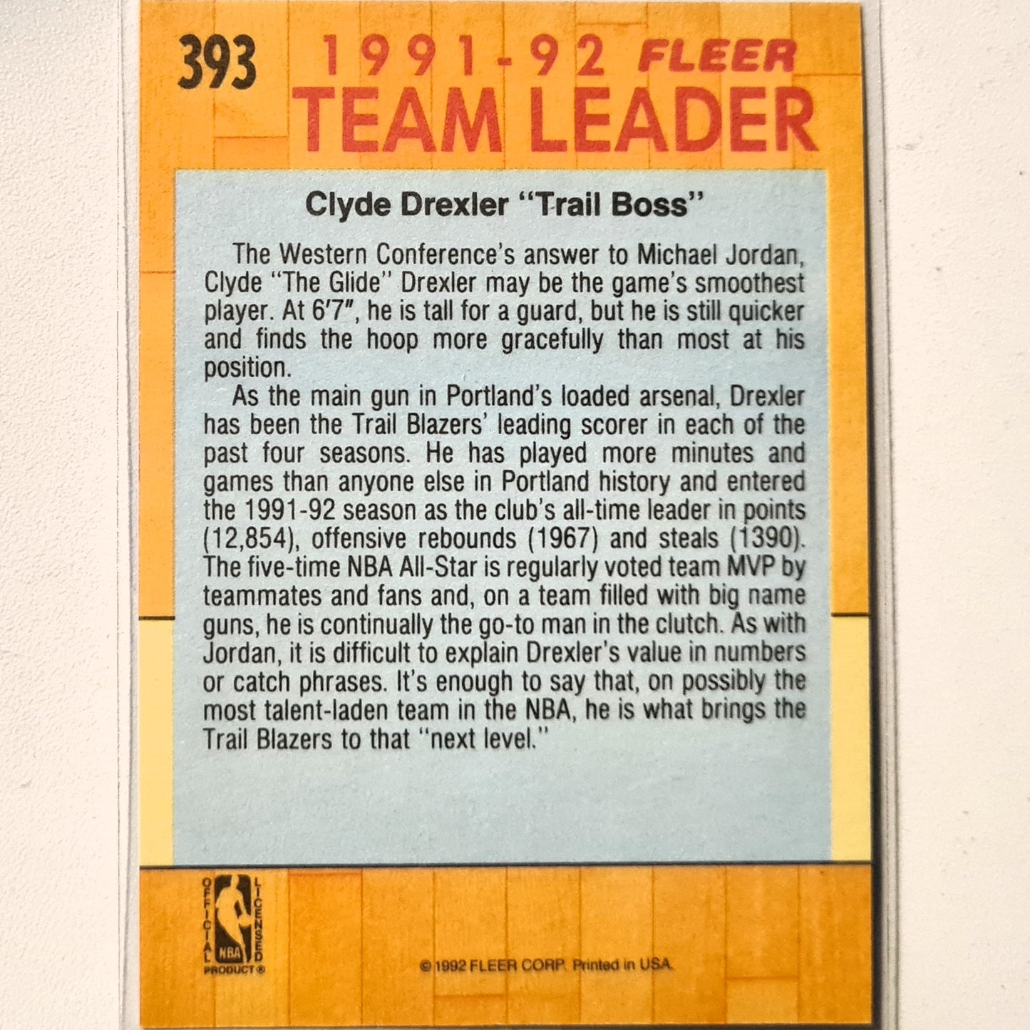 Clyde Drexler 1992 Fleer 91-92 Team Leader #393 NBA Basketball Portland Trail Blazers good/very good Sleeved