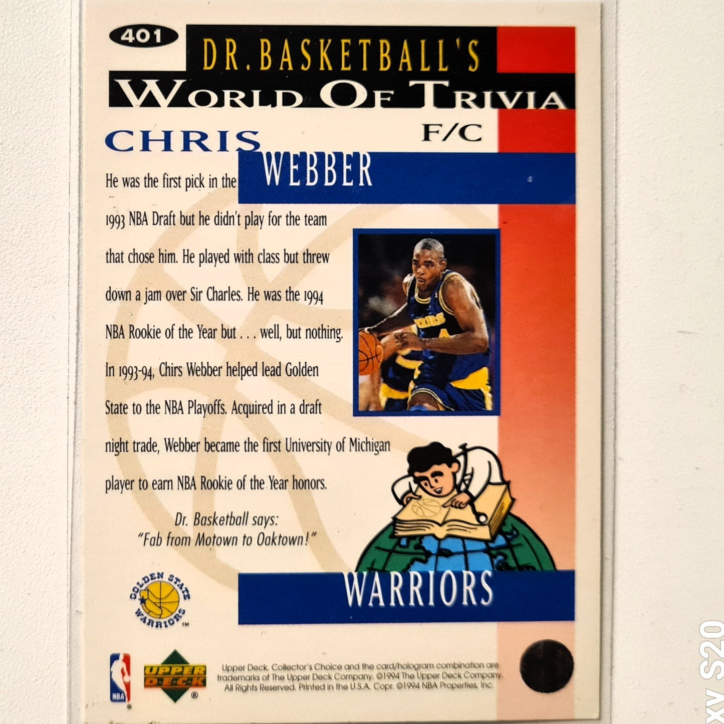 Chris Webber 1994 Upper Deck Dr Basketballs trivia #401 NBA Basketball Golden State Warriors Very good sleeved