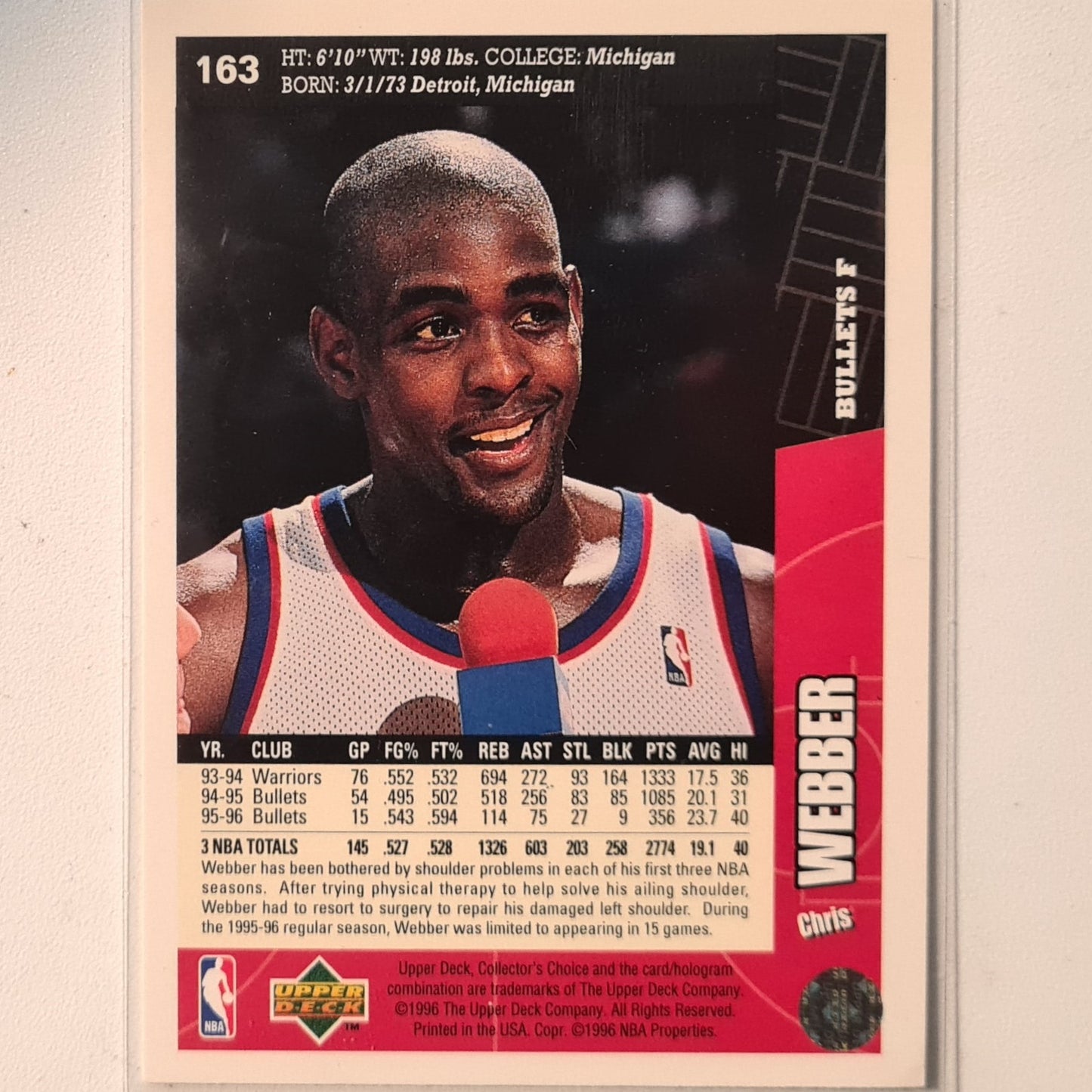 Chris Webber 1996 Upper-Deck #163 NBA Basketball Washington Bullets excellent Sleeved