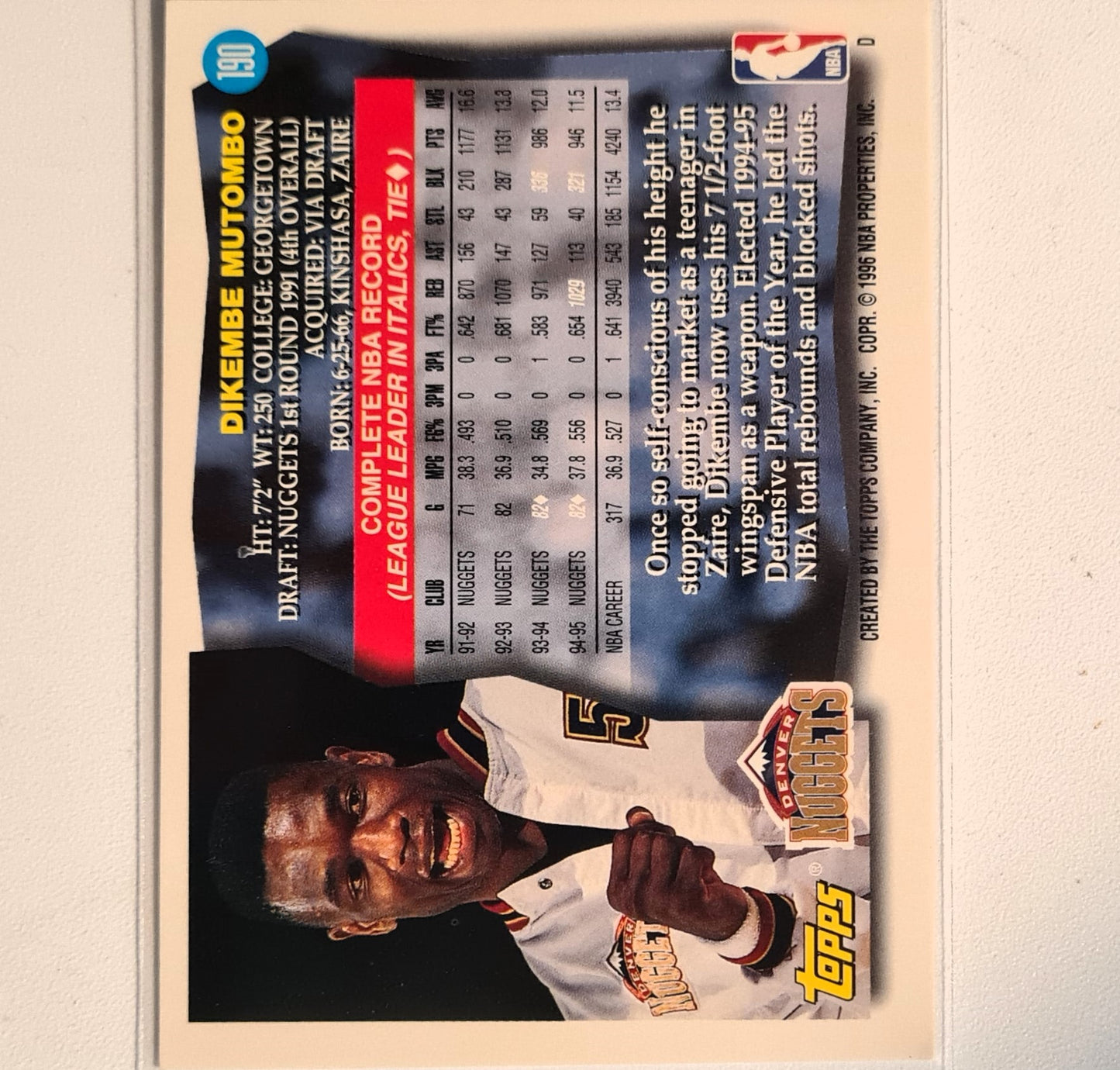 Dikembe Mutombo 1996 Topps #190 NBA Basketball Denver Nuggets excellent Sleeved